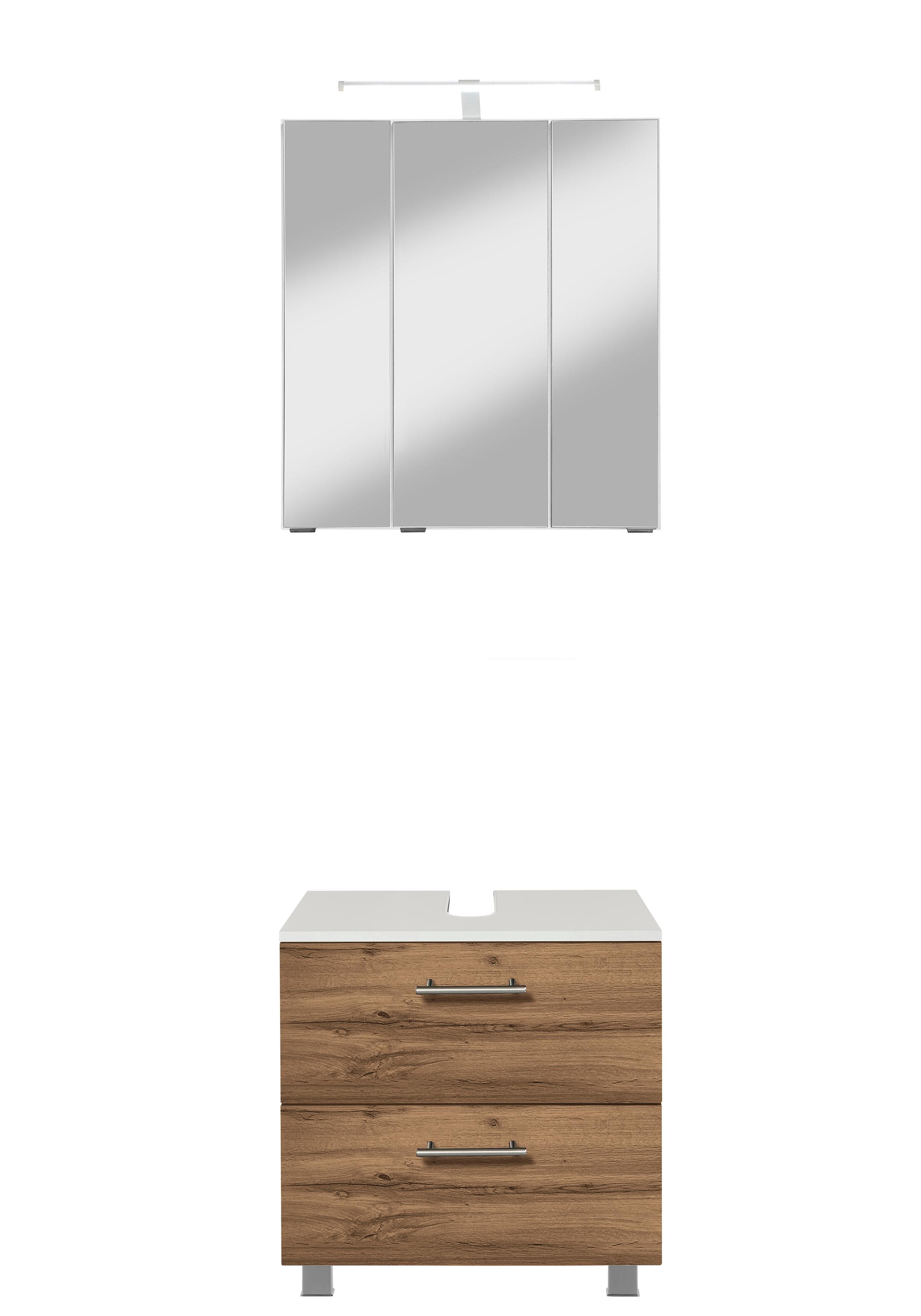 Badezimmer-Set mit Waschbeckenunterschrank & beleuchtetem Spiegelschrank