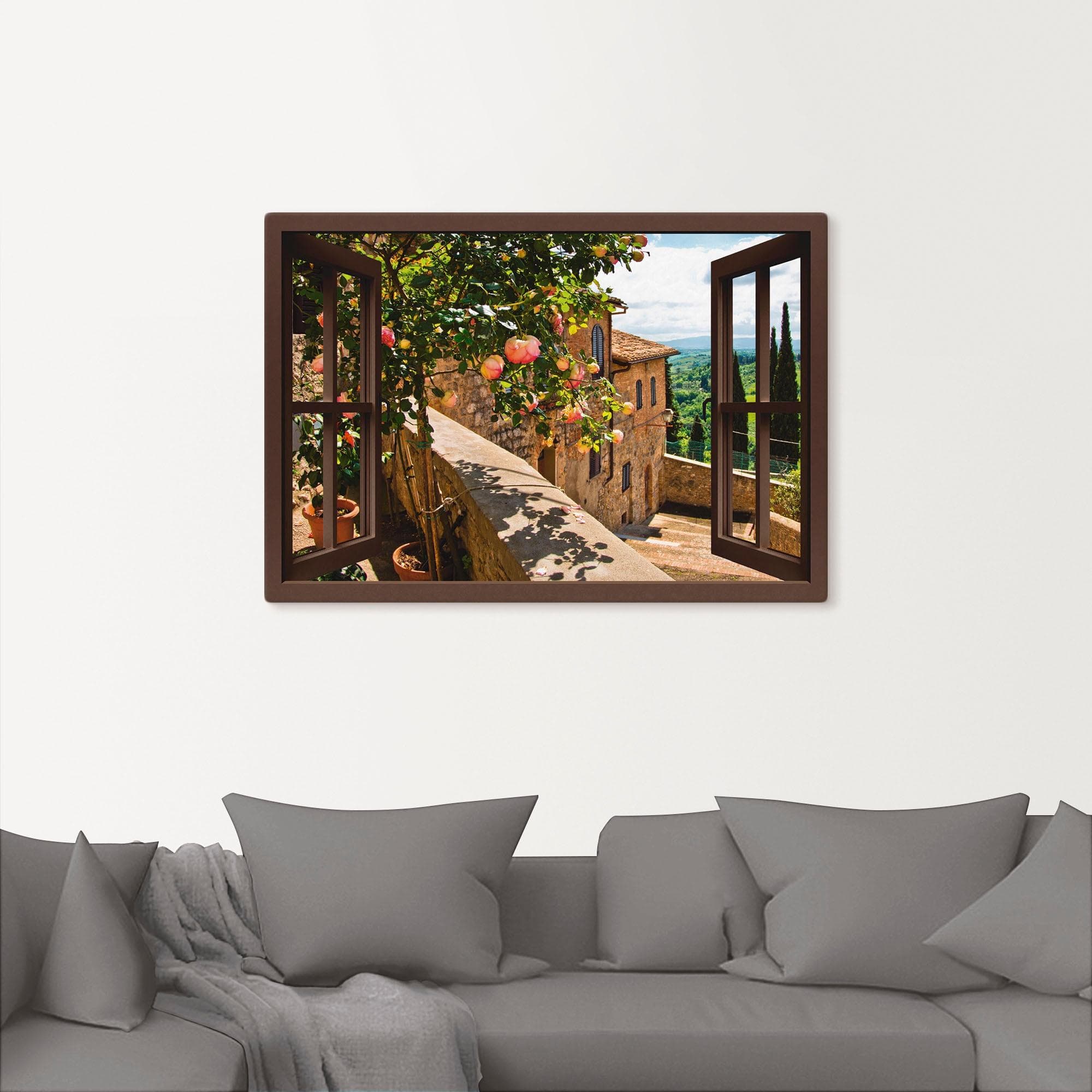 ARTLAND Wandbild Fensterblick Rosen auf Balkon Toskana Braun