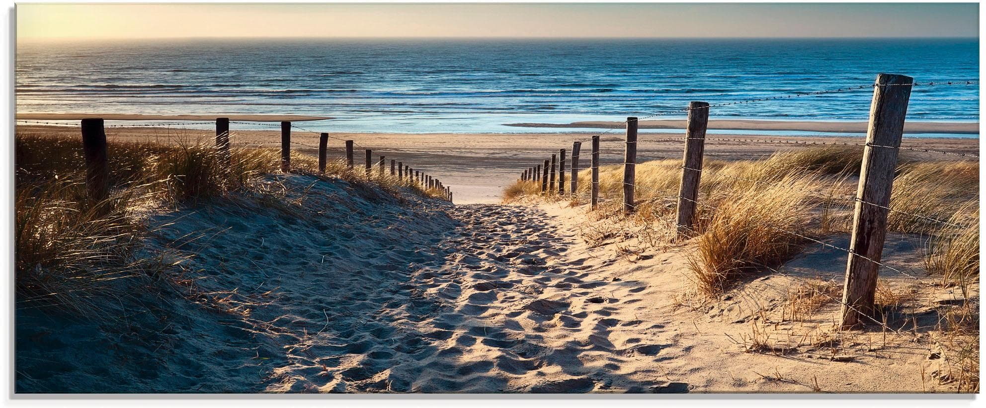 ARTLAND Glasbild Strand Sonnenuntergang Beige Modern