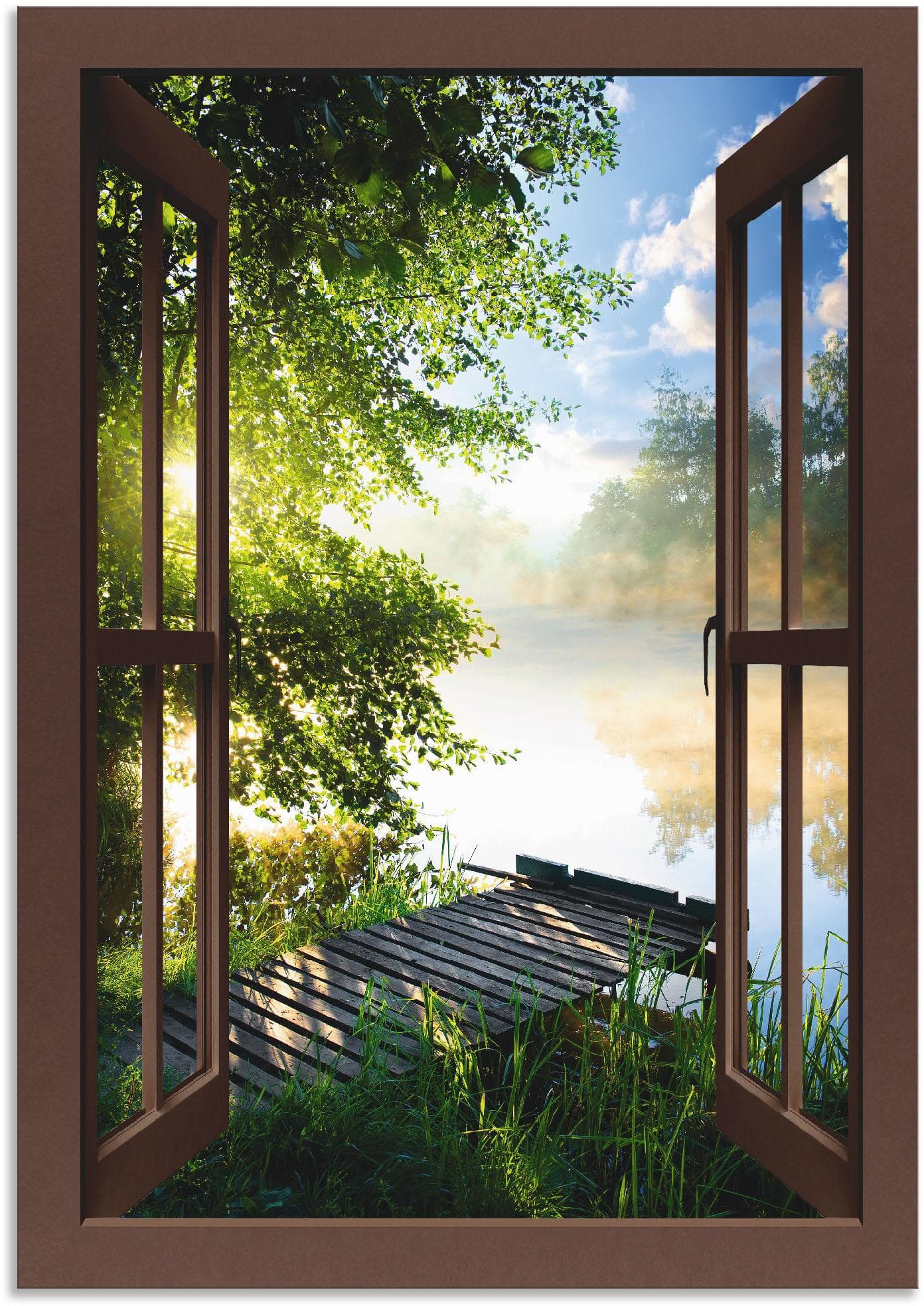 ARTLAND Wandbild Fensterblick Angelsteg am Fluss Braun