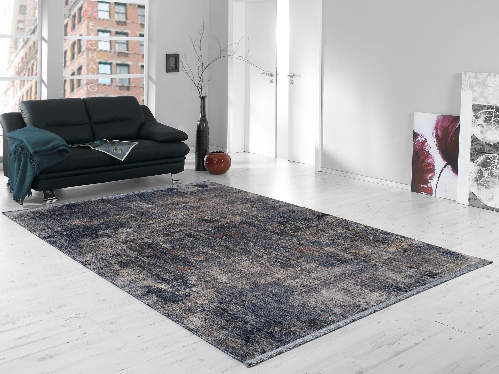 GALLERY M Teppich MODENA Grau Blau Vintage Kurzflor Polyester