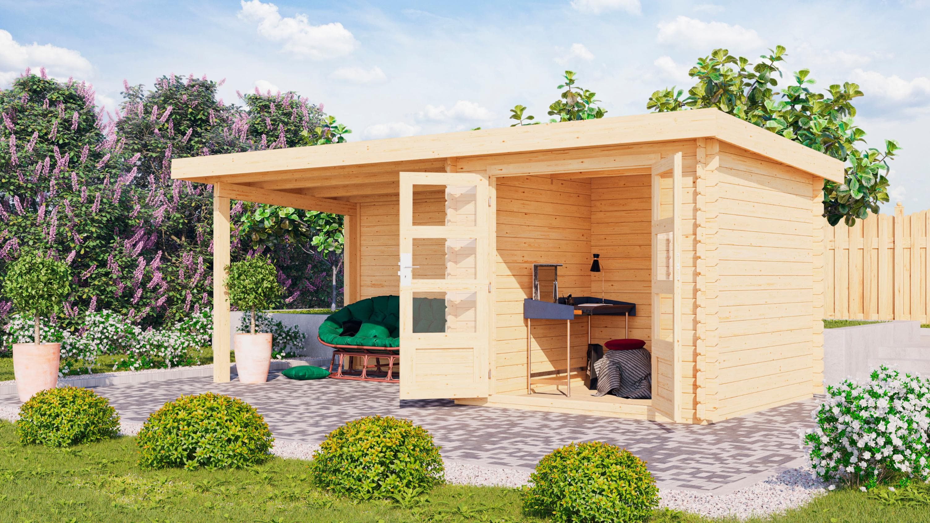 Gartenhaus KARIBU „Schloßsee 2“ Beige Holzwerkstoff Blockbohlensystem