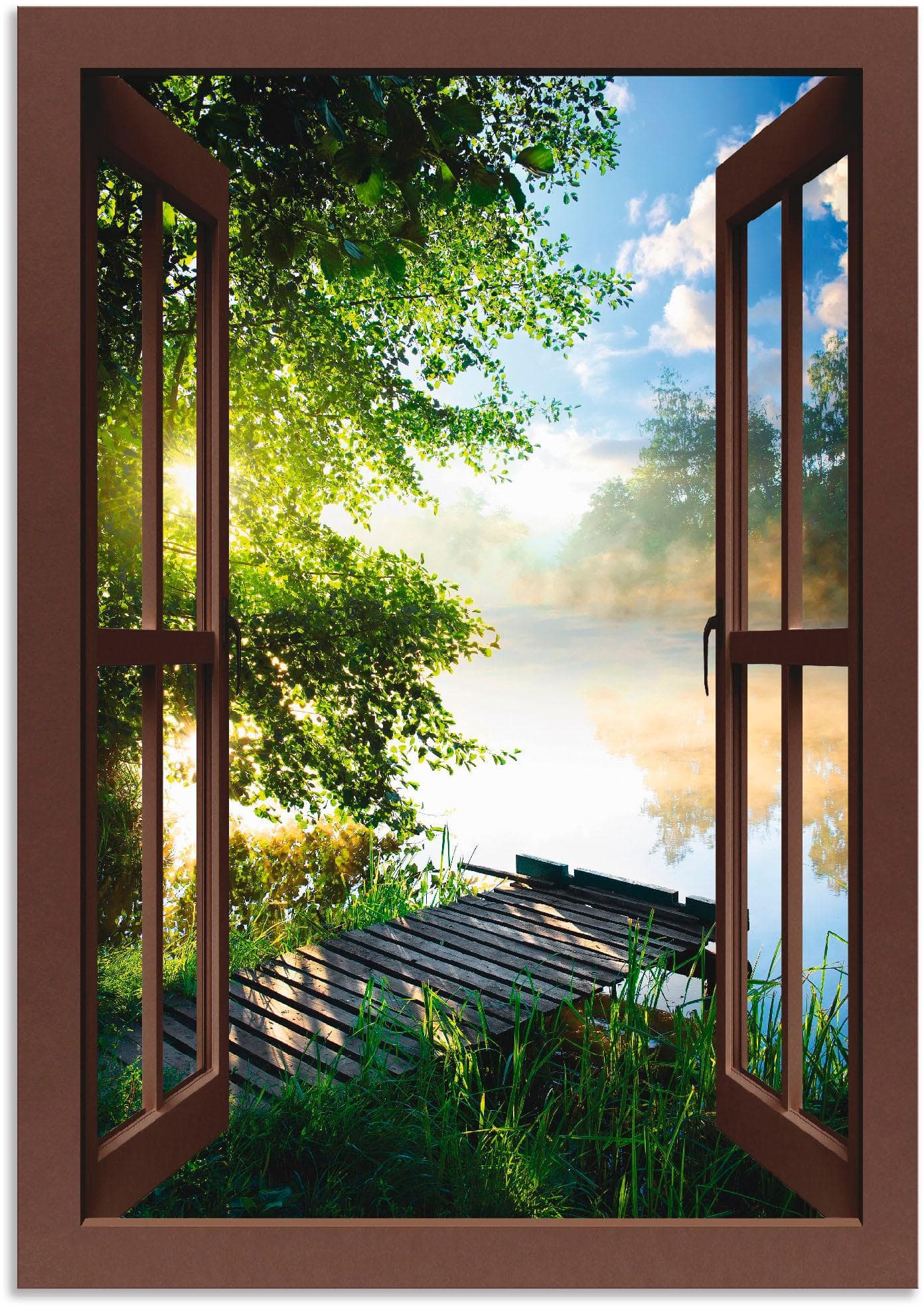 ARTLAND Wandbild Fensterblick Angelsteg am Fluss Braun
