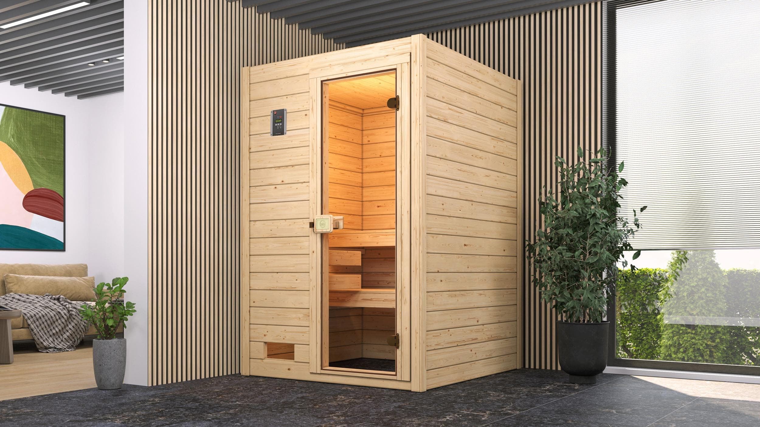 Moderne Sauna aus Fichtenholz und Sicherheitsglas