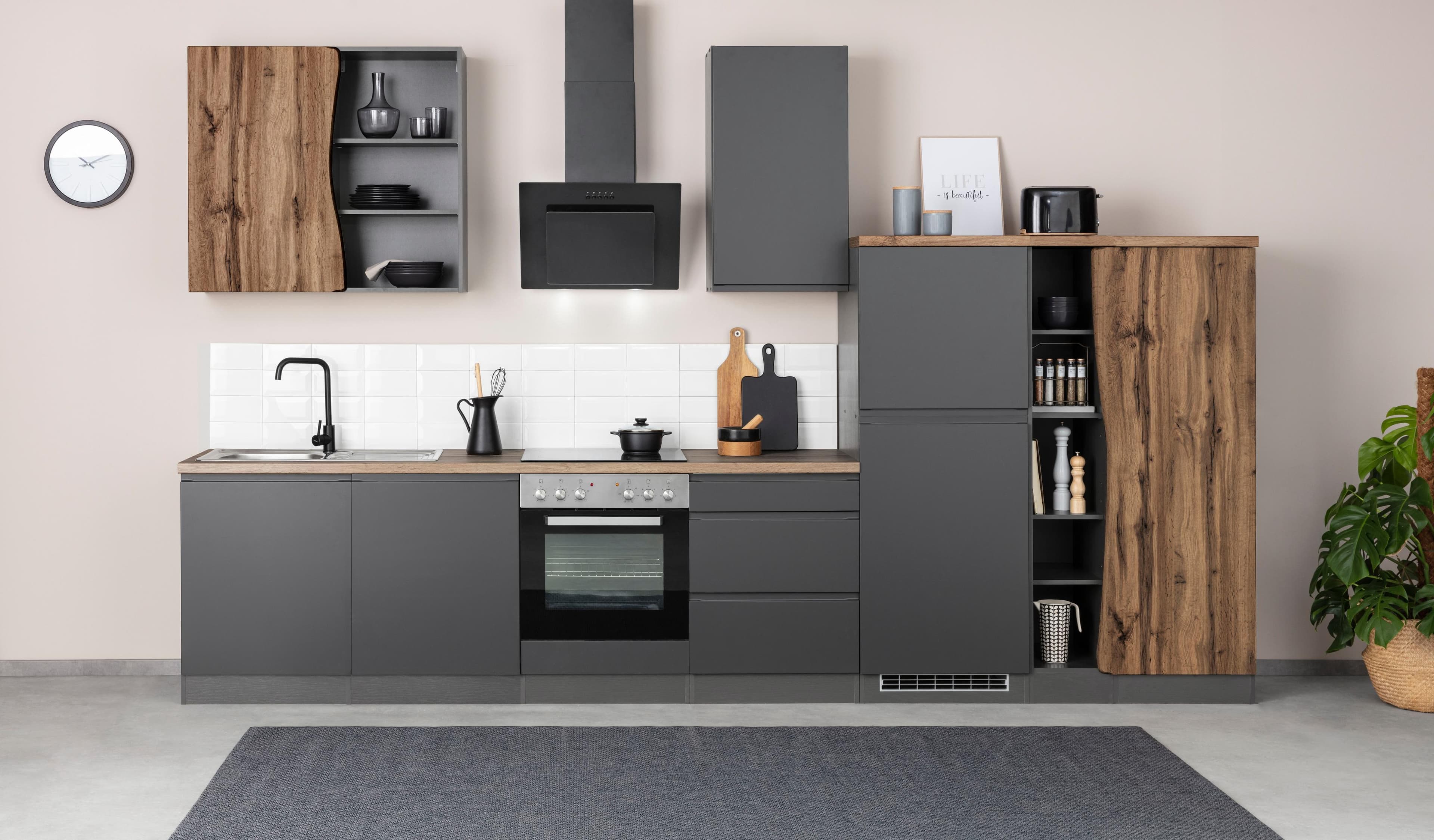 Billiger-baur.de Kochstation Bruneck 380cm Grau Matt MDF Fronten