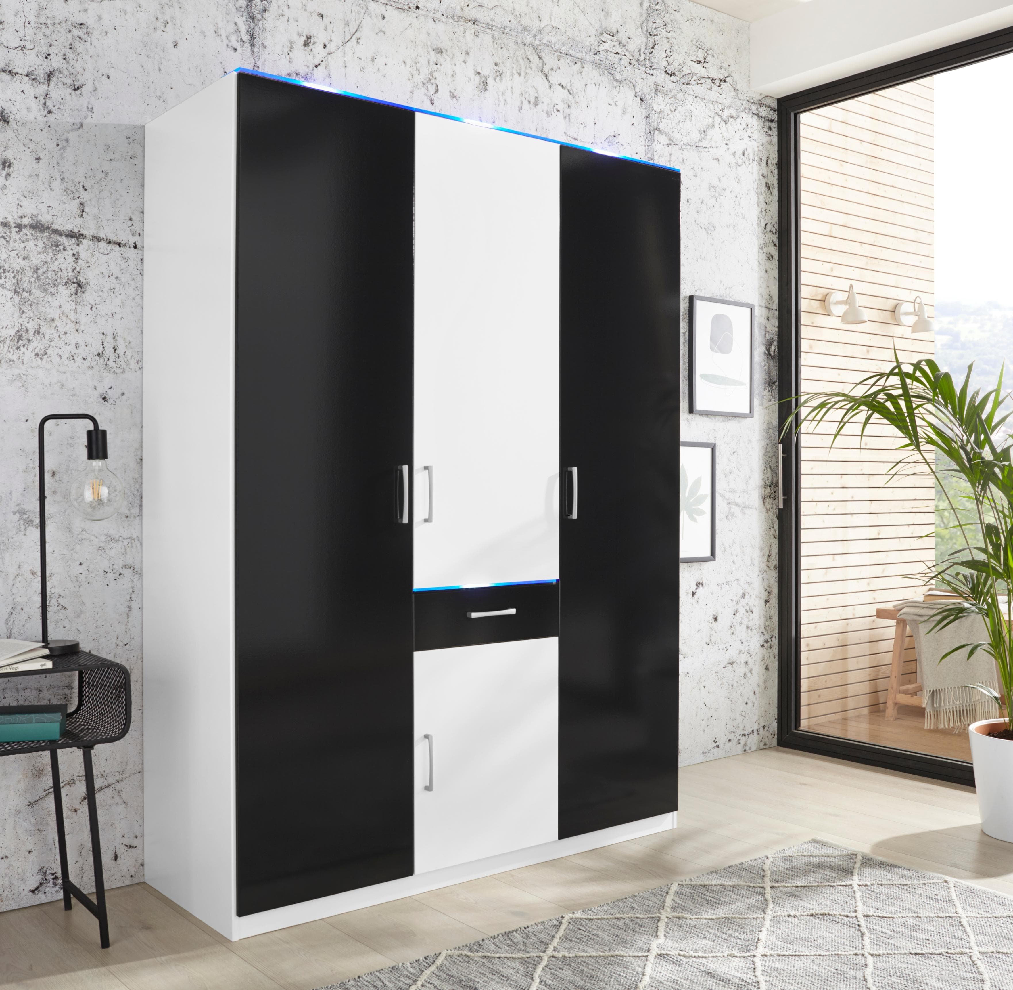 Kleiderschrank PRIESS Schwarz/Weiß Hochglanz mit LED-Beleuchtung