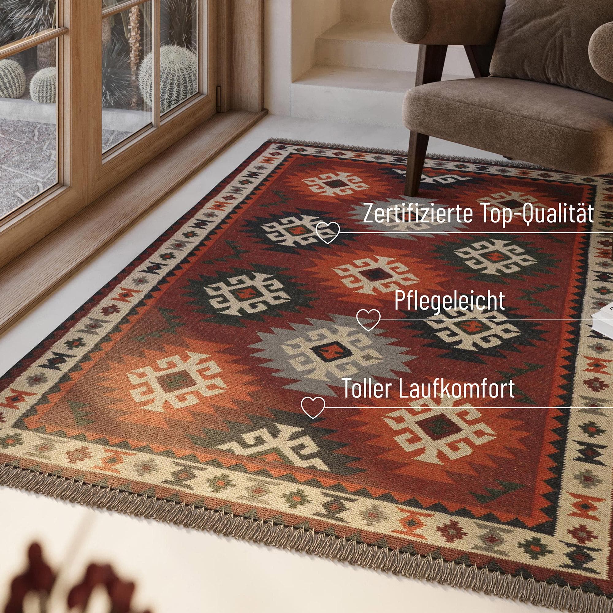 GREEN LOOOP Wollteppich Blancard Rot Handgewebt Kelim