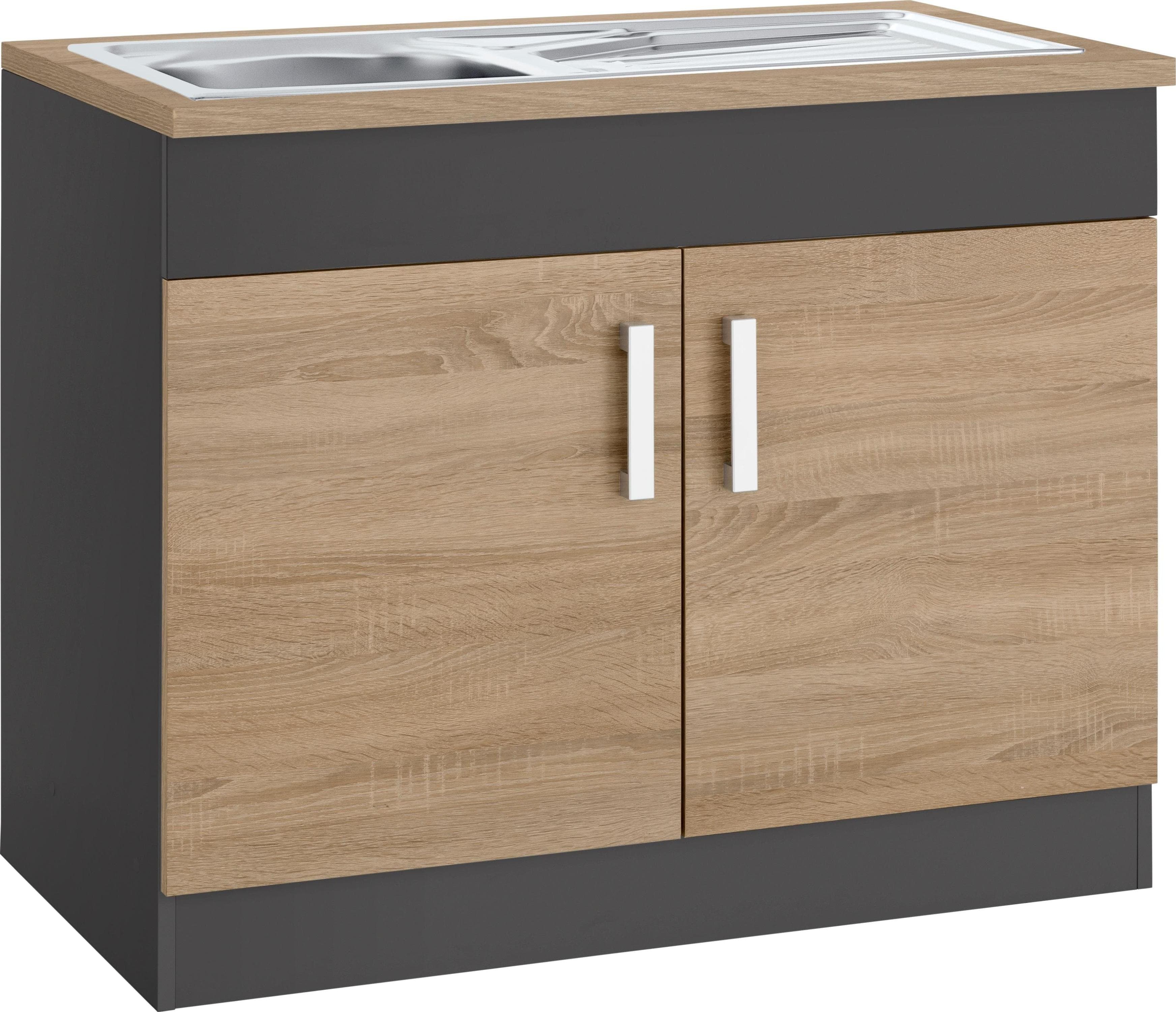 Kochstation Spülenschrank KS-Gera Grau Eiche Anthrazit 100cm