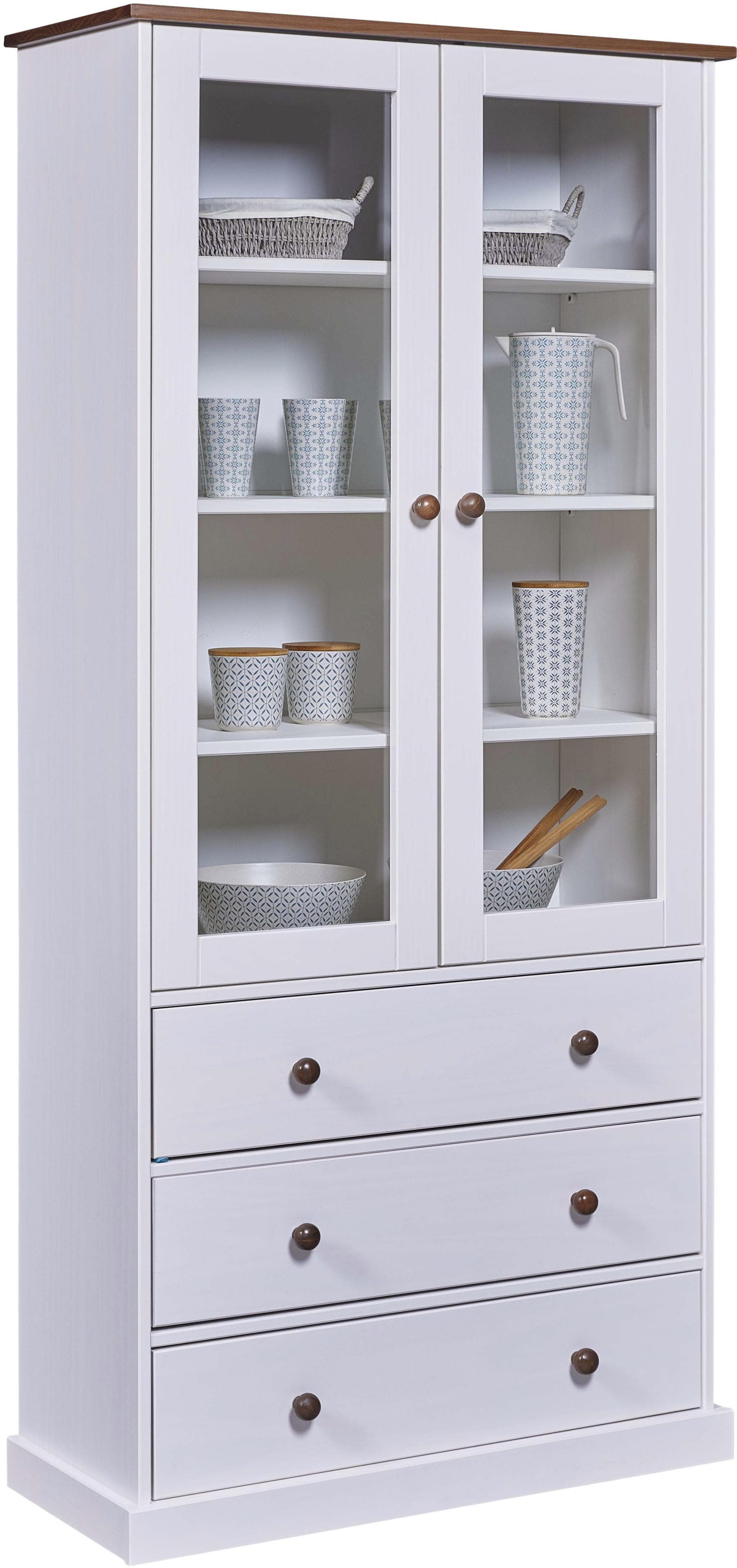 Weiße Vitrinenschrank mit 2 Türen und 3 Schubladen