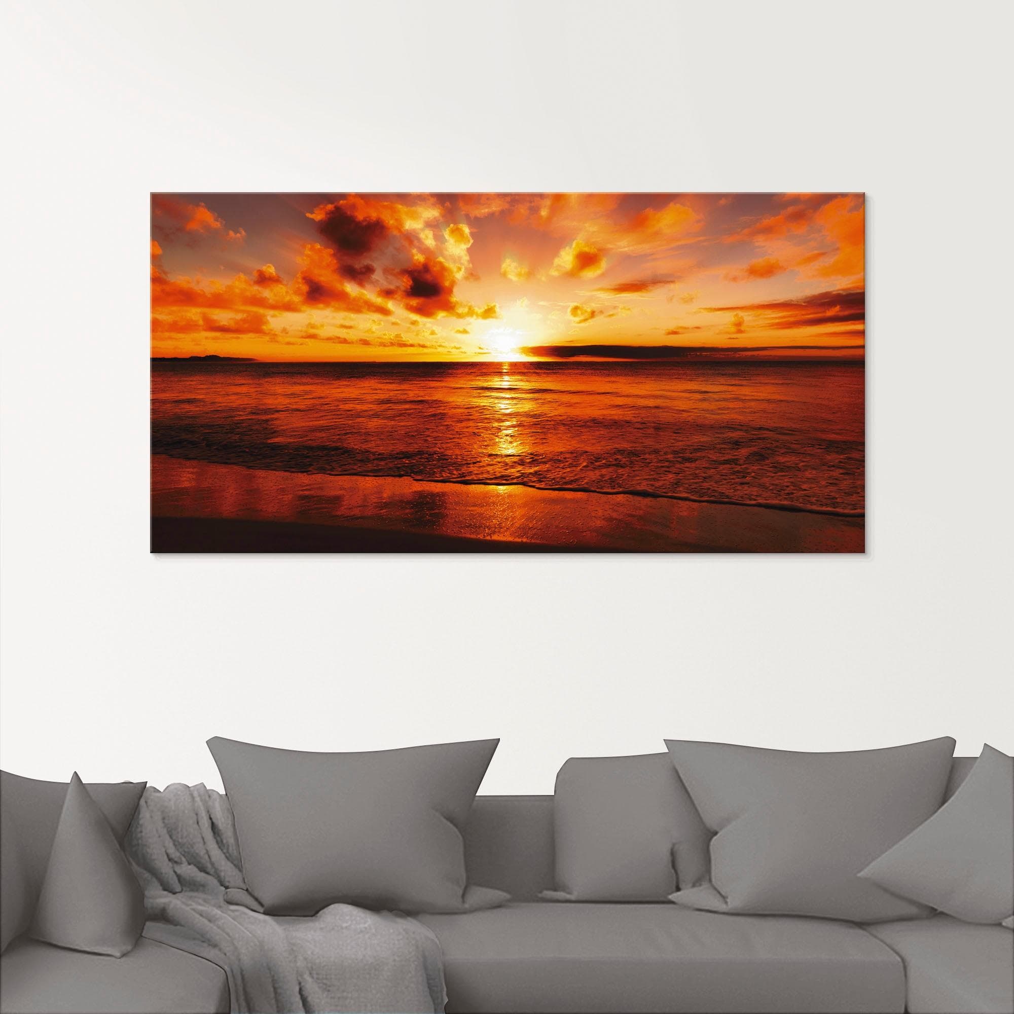 Artland Glasbild Schöner Sonnenuntergang Strand Orange