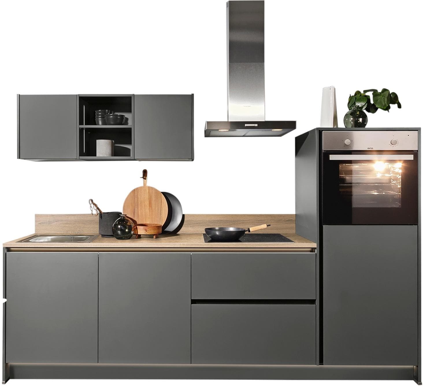 KOCHSTATION "KS-Sakura" 268 cm anthrazit mit Vollauszügen und höhenverstellbaren Füßen