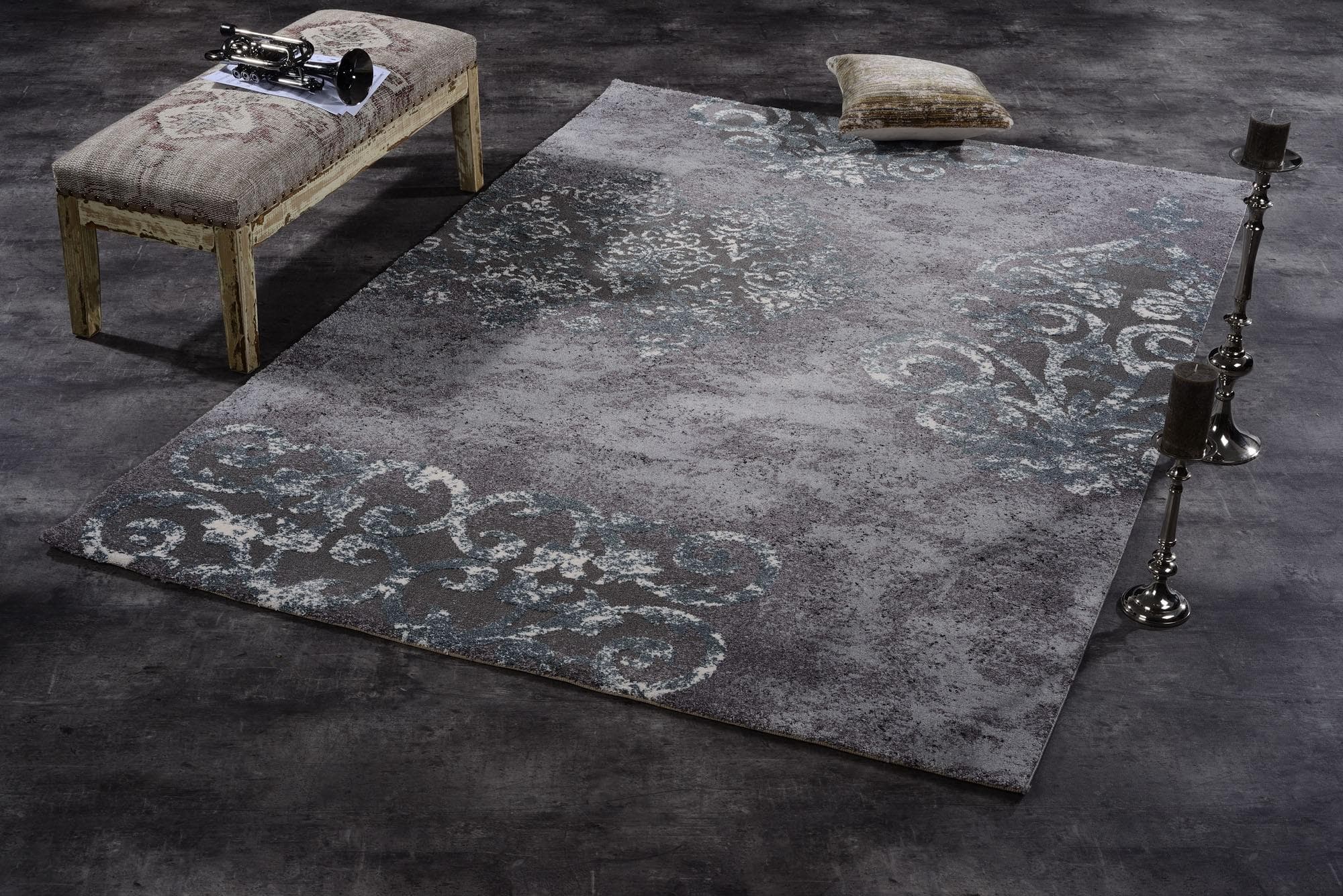 Vintage Teppich mit Hoch-Tief-Effekt in Grau und Blau