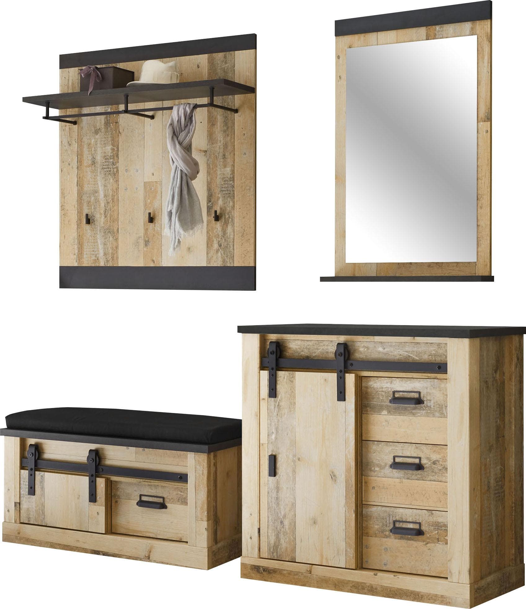 Rustikales Garderobenset mit Scheunentortür & Metallgriffen