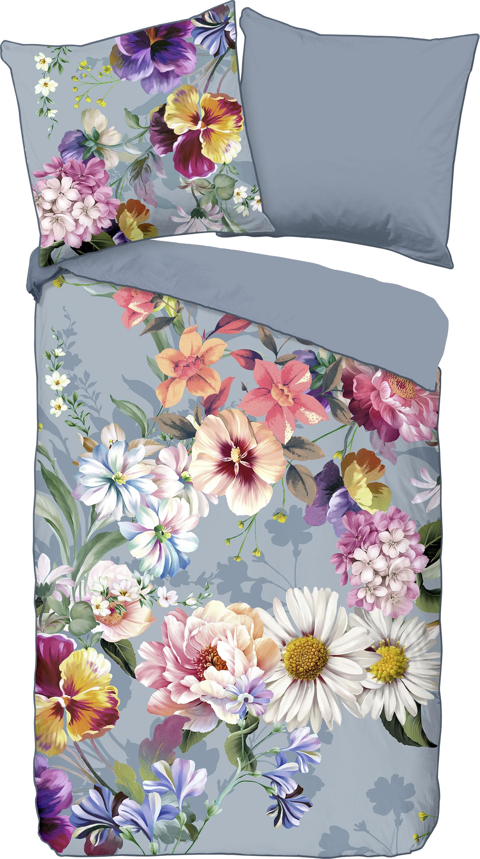 Wendbare Bettwäsche aus Baumwolle und Satin, grau, geblümt