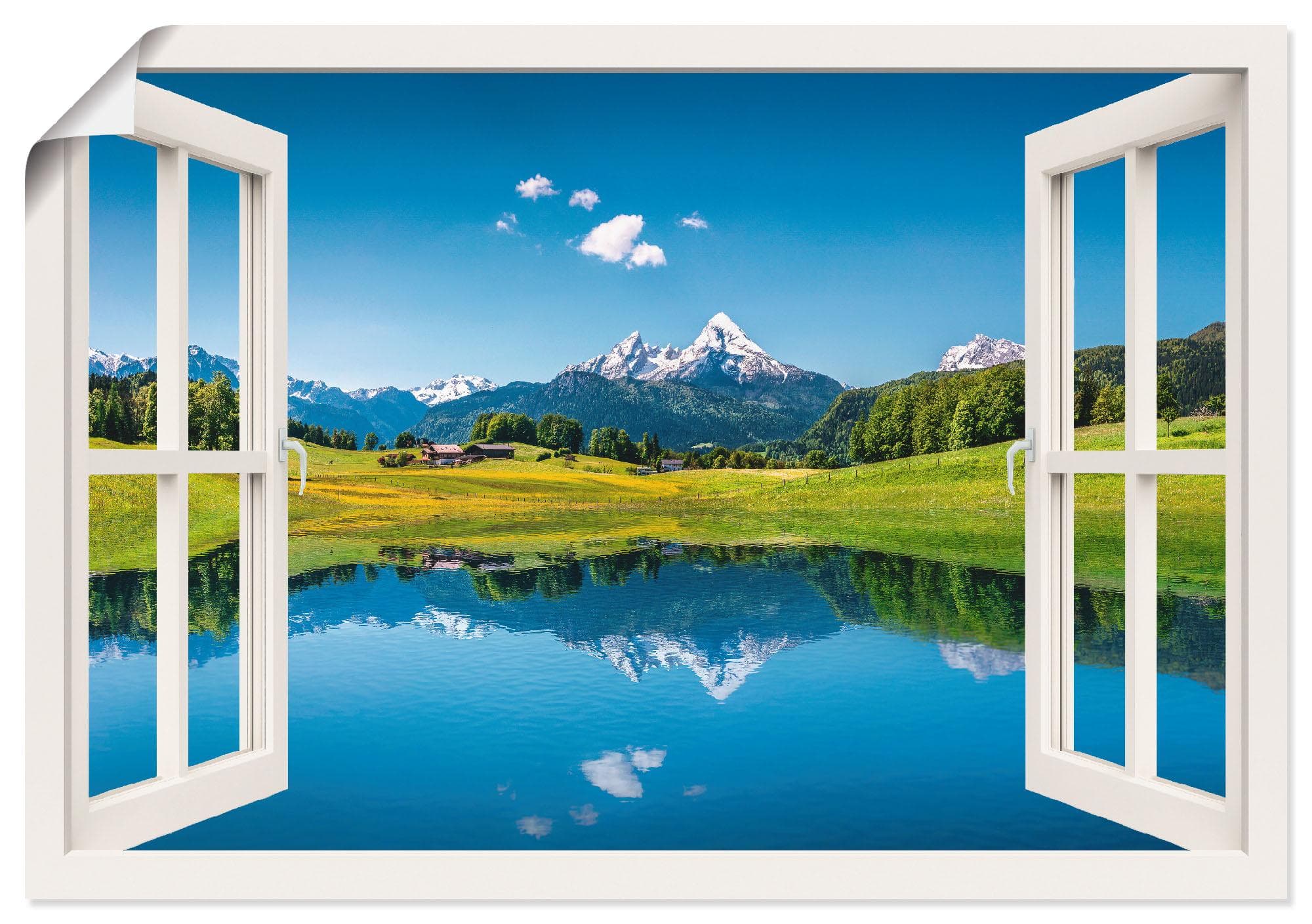 ARTLAND Wandbild Fensterblick Alpen und Bergsee Blau