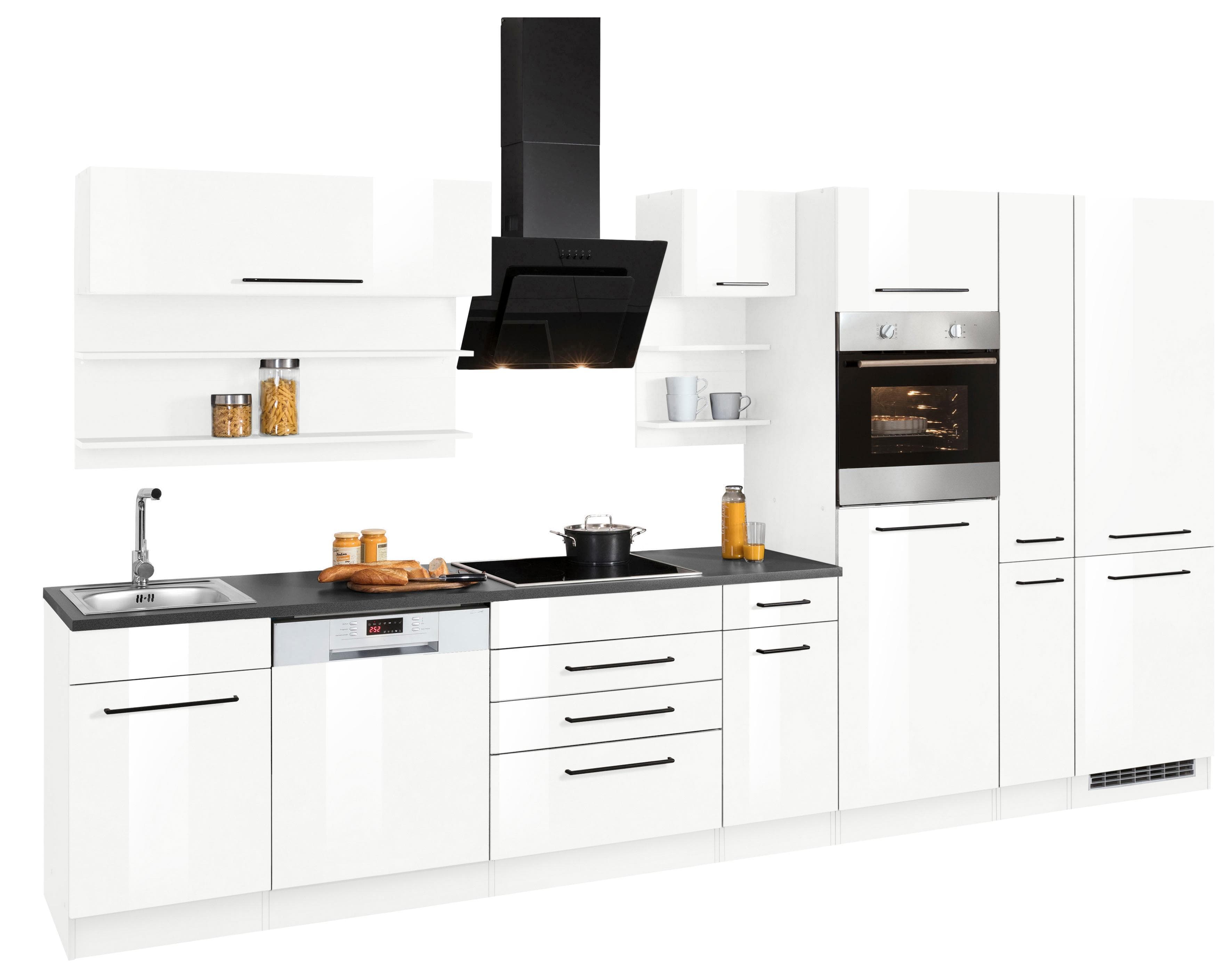 KOCHSTATION "KS-Tulsa" mit E-Geräten, Breite 360 cm, schwarze Metallgriffe, MDF Fronten