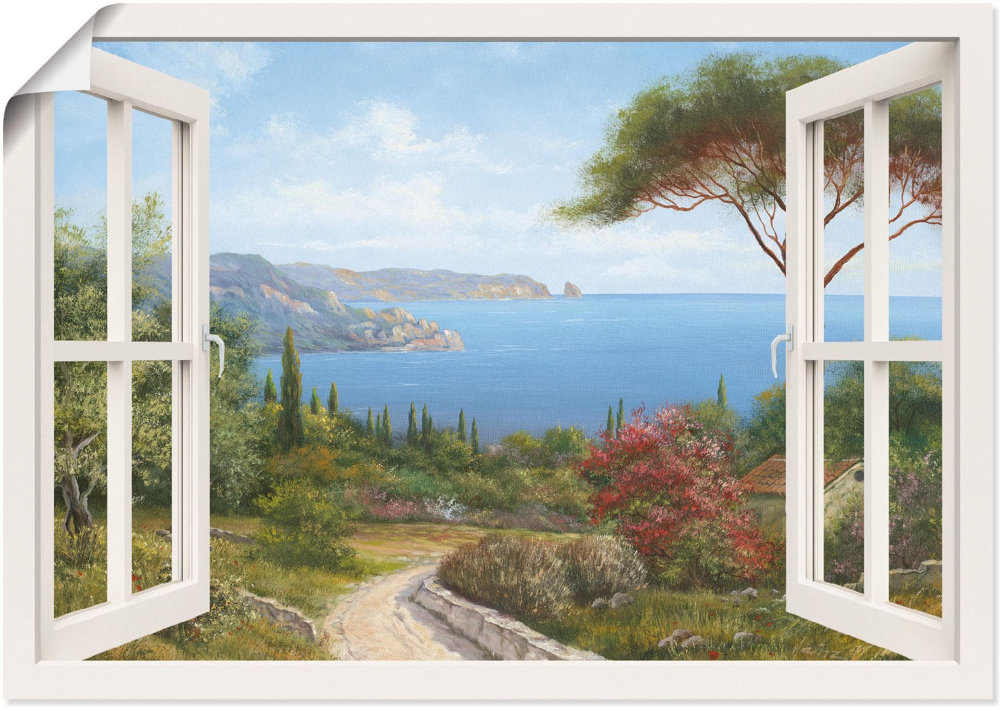 ARTLAND Wandbild Fensterblick Haus am Meer Leinwand Poster