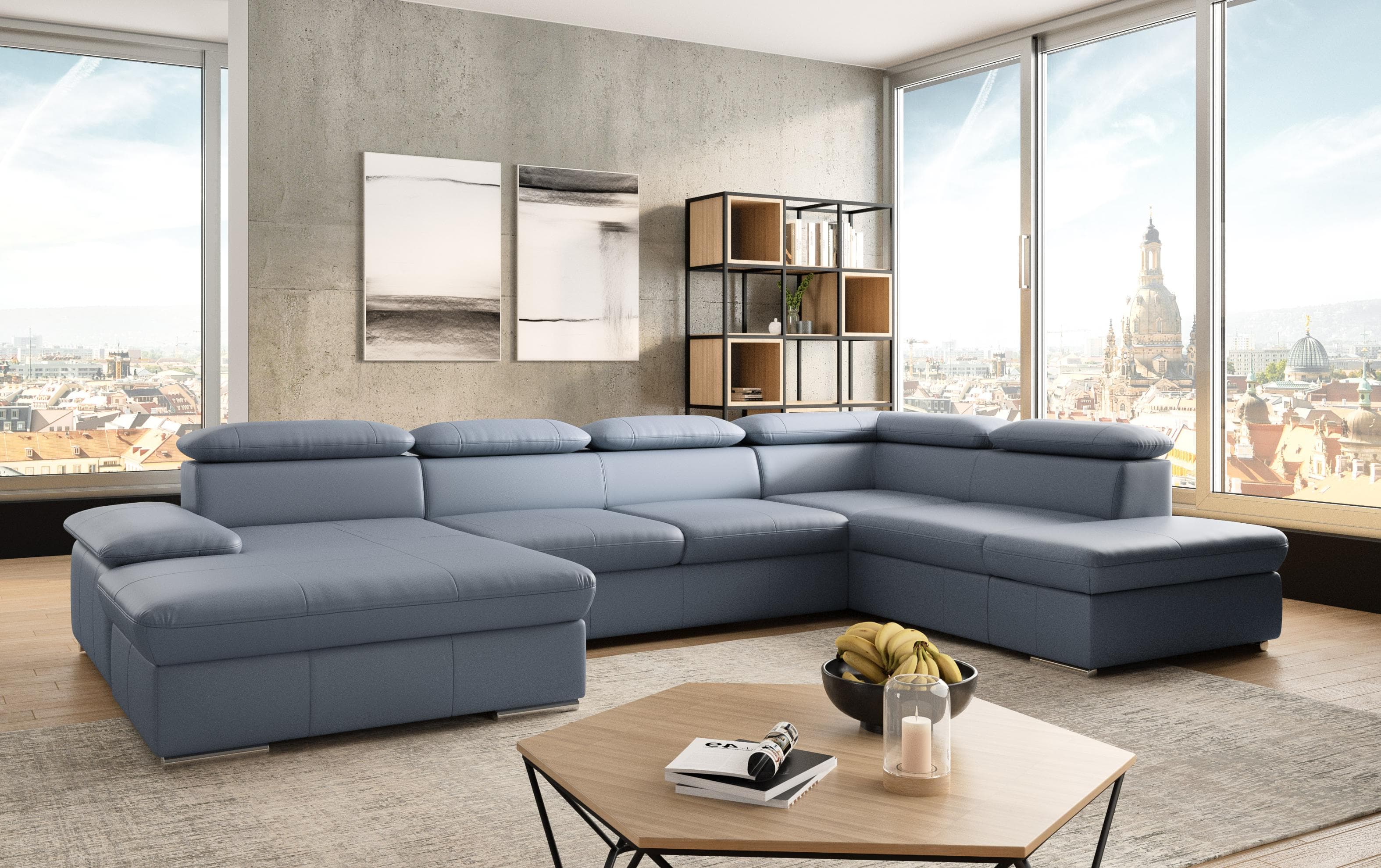SIT & MORE Valantine U-Form Wohnlandschaft Grau Blau NaturLEDER