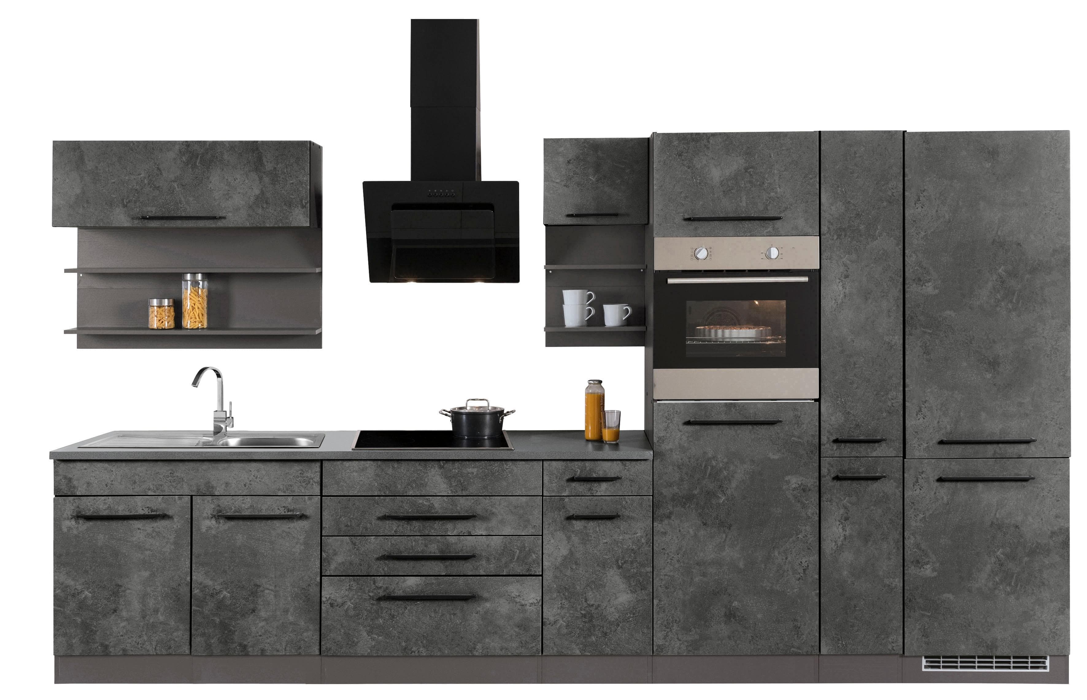 KOCHSTATION "KS-Tulsa" mit E-Geräten, Breite 380 cm, schwarze Metallgriffe, MDF Fronten