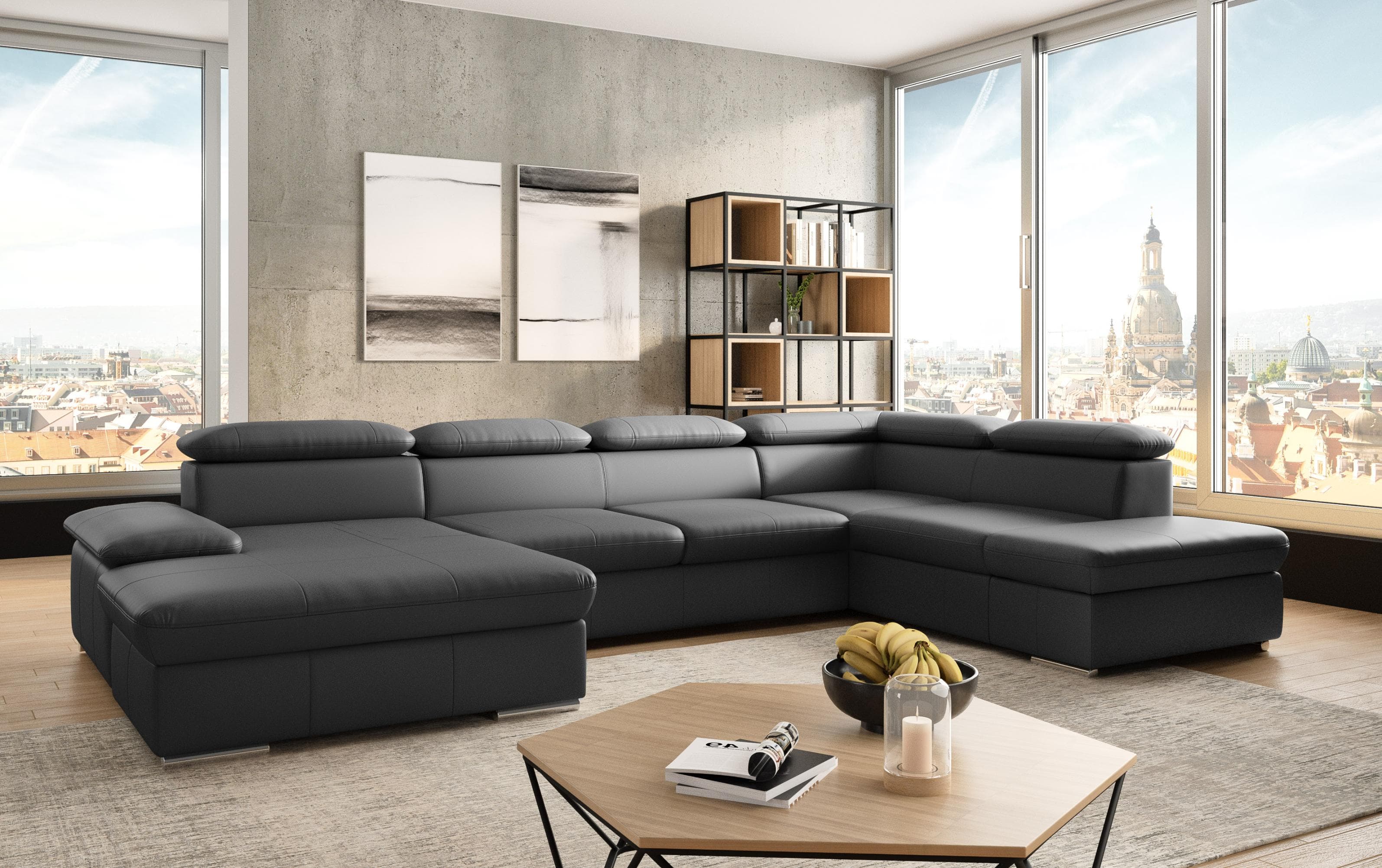 SIT & MORE Wohnlandschaft Valantine U-Form Schwarz NaturLEDER