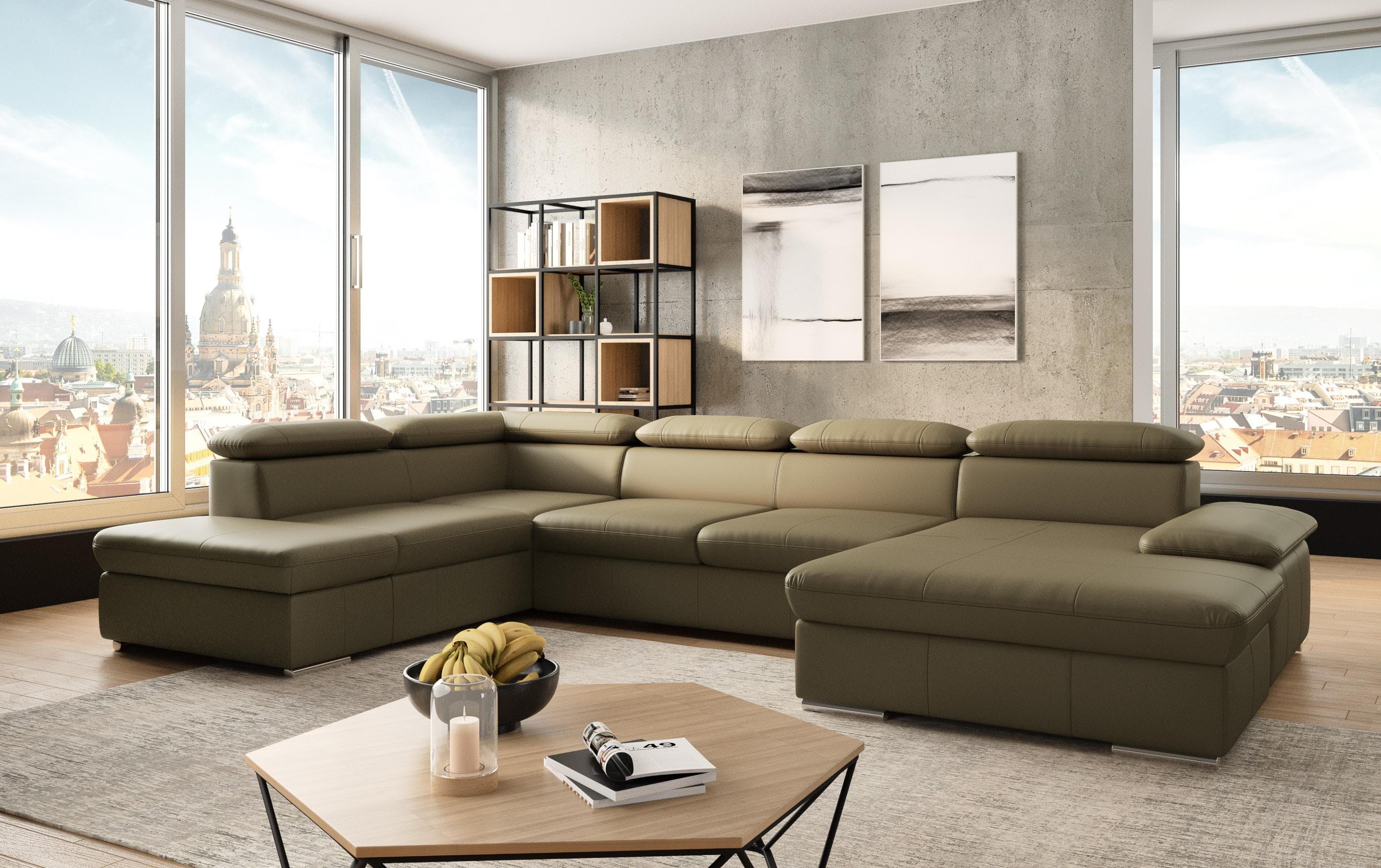 SIT & MORE Wohnlandschaft Valantine U-Form Olivgrün NaturLEDER