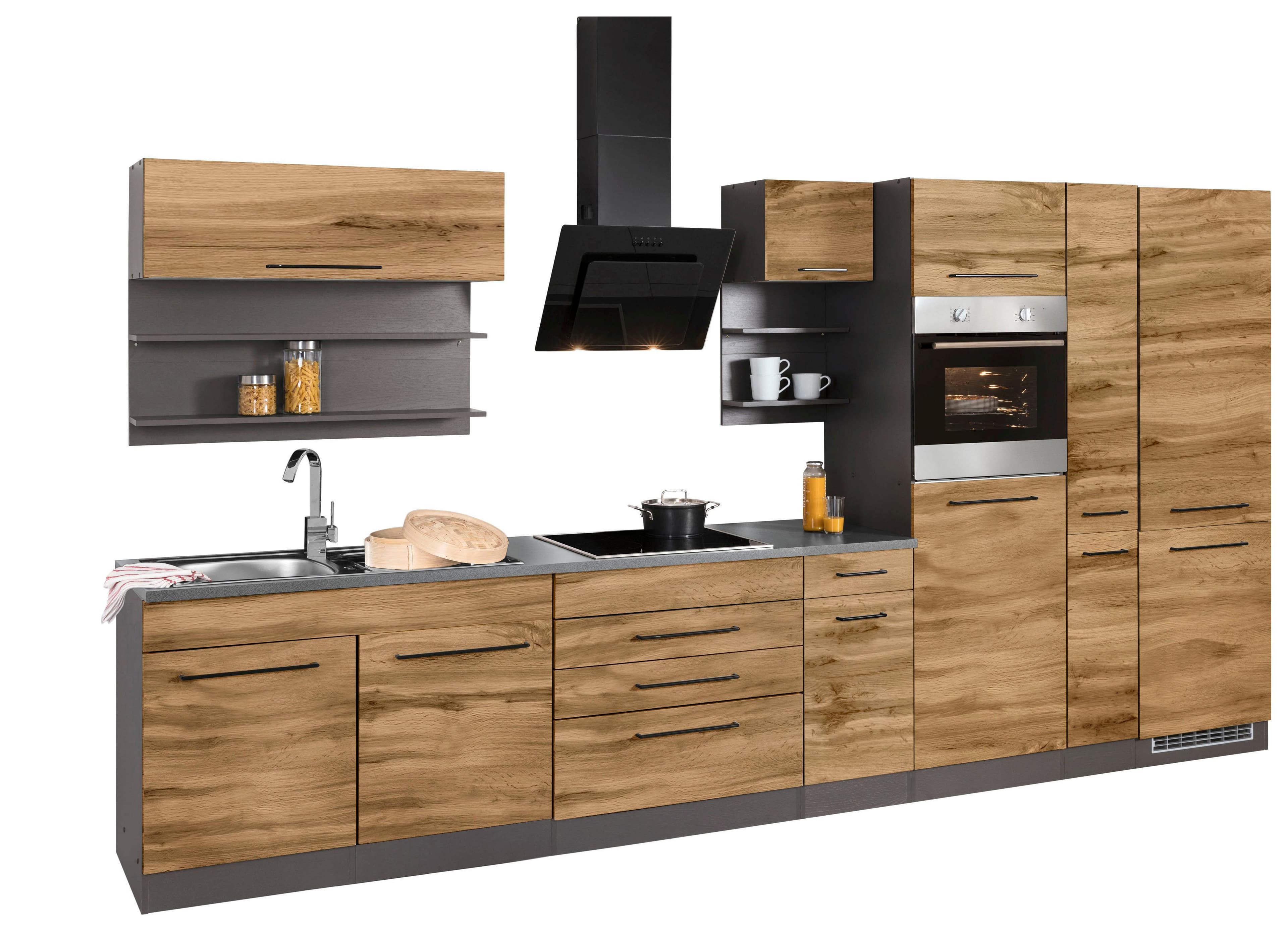 KOCHSTATION "KS-Tulsa" mit E-Geräten Breite 380 cm schwarze Metallgriffe MDF Fronten