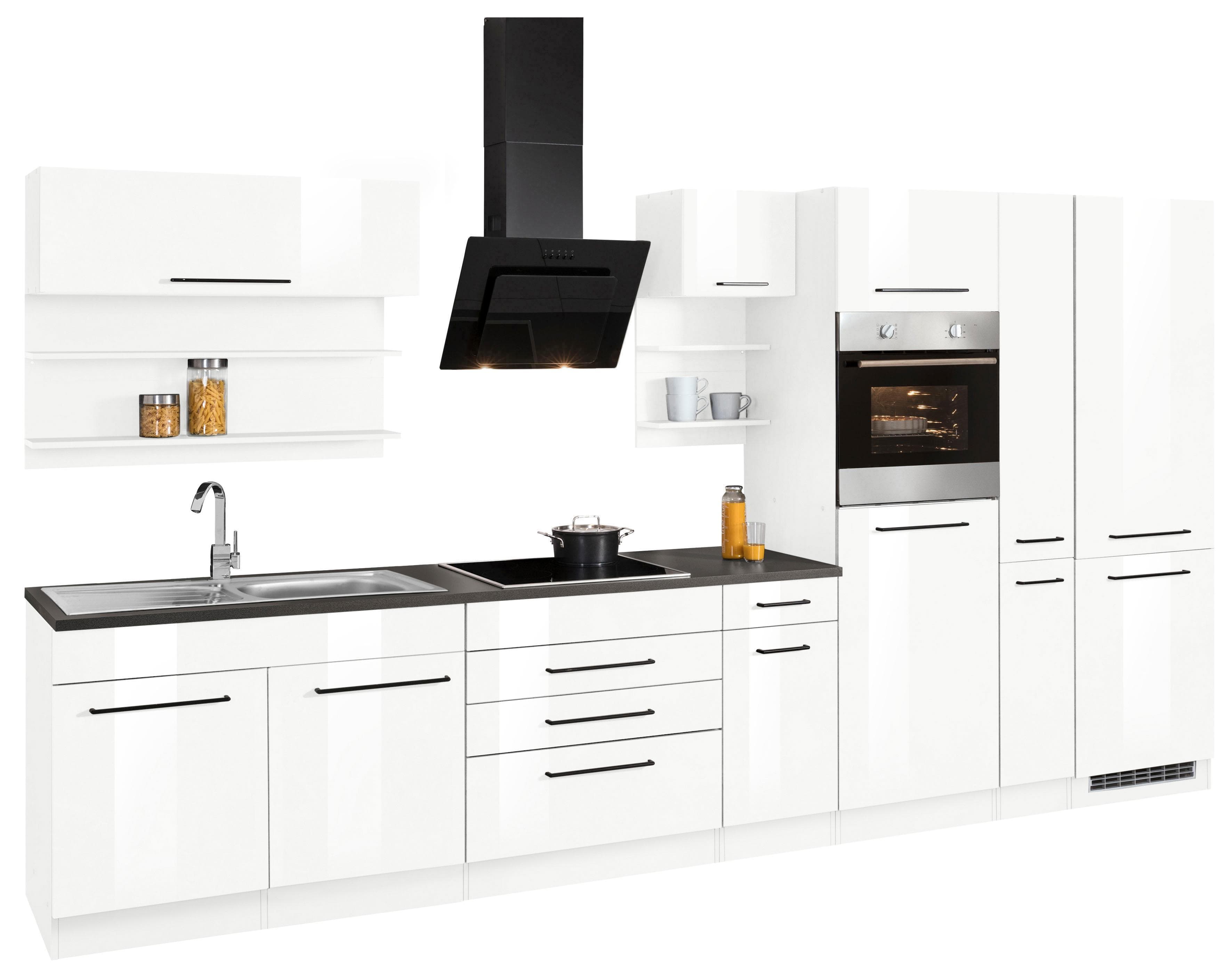 KOCHSTATION "KS-Tulsa" mit E-Geräten, Breite 380 cm, schwarze Metallgriffe, MDF Fronten
