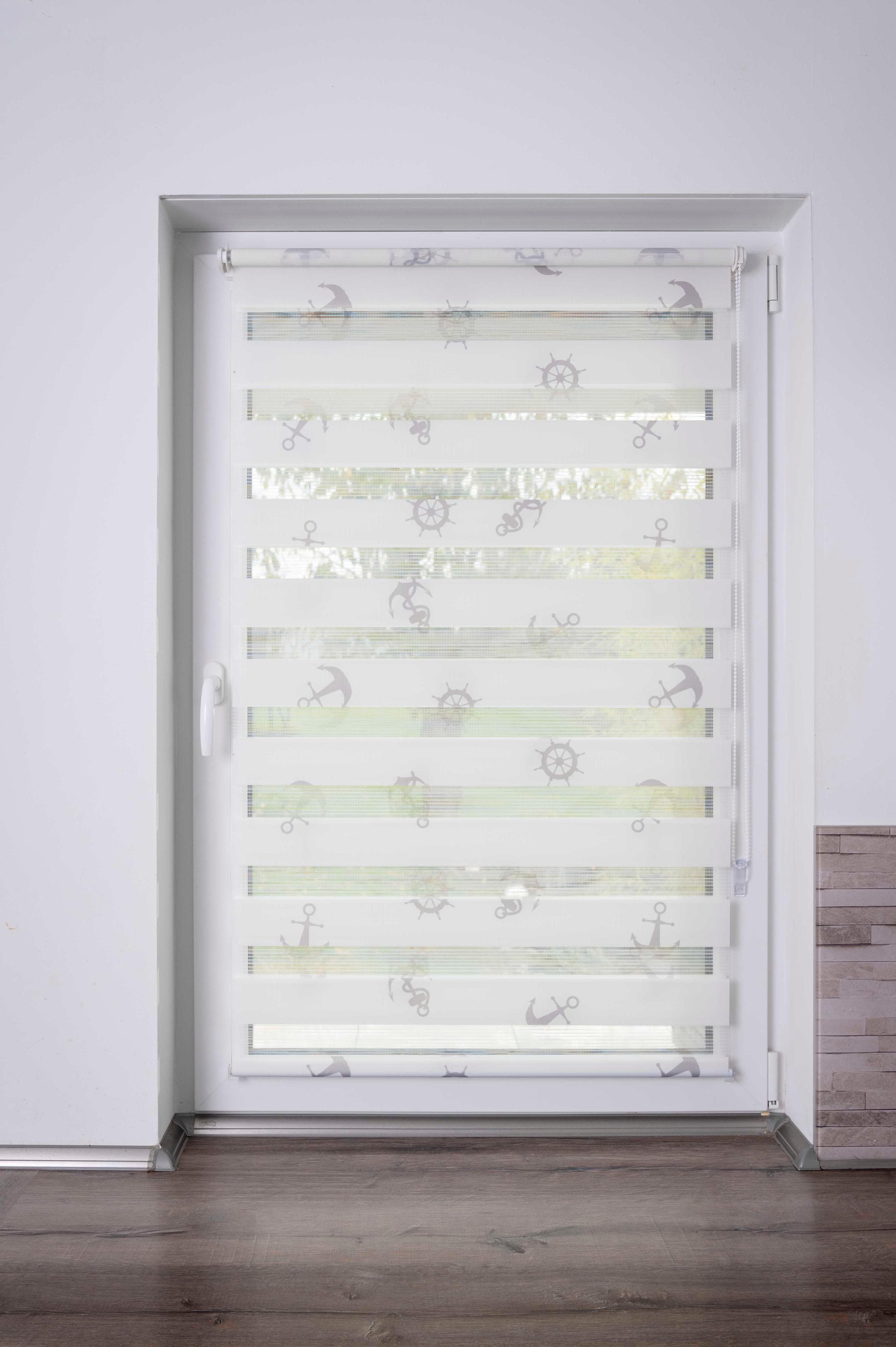 K-Home Doppelrollo MARITIM bedruckt Weiß Anker-Motiv