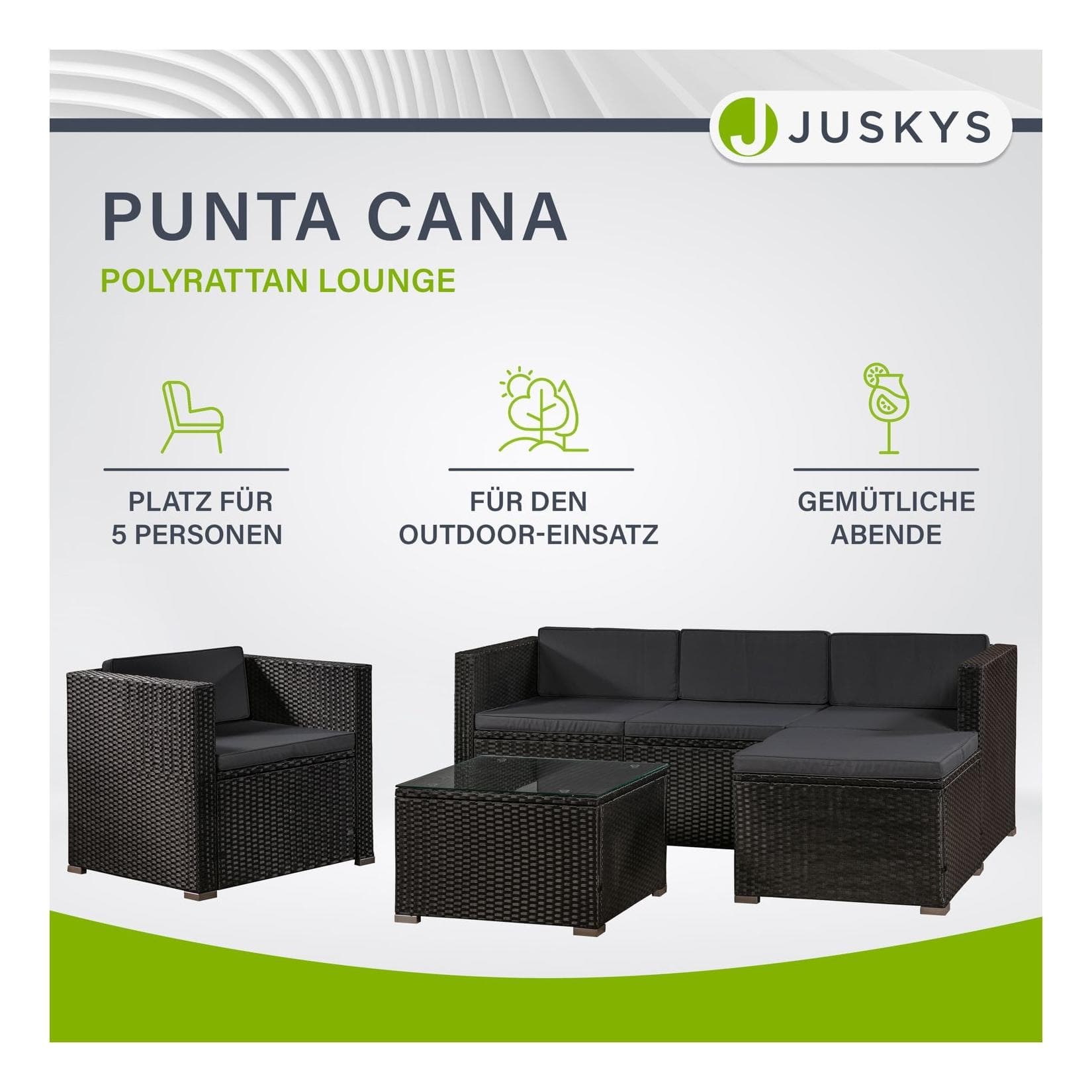Juskys Gartenlounge-Set Punta Cana Schwarz Grau Polyrattan