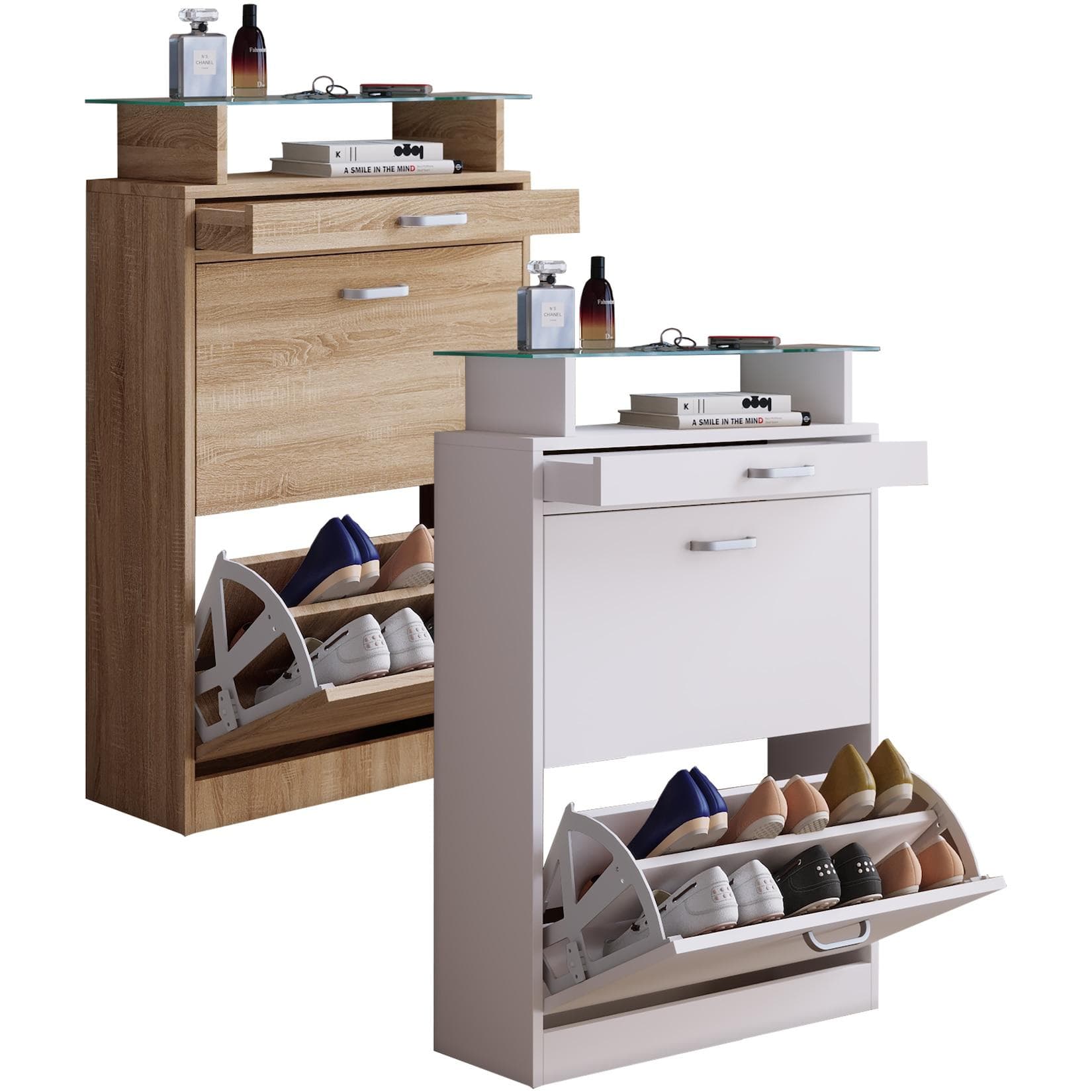 VCM Holz Schuhschrank Sipos M mit Schublade und Klappen