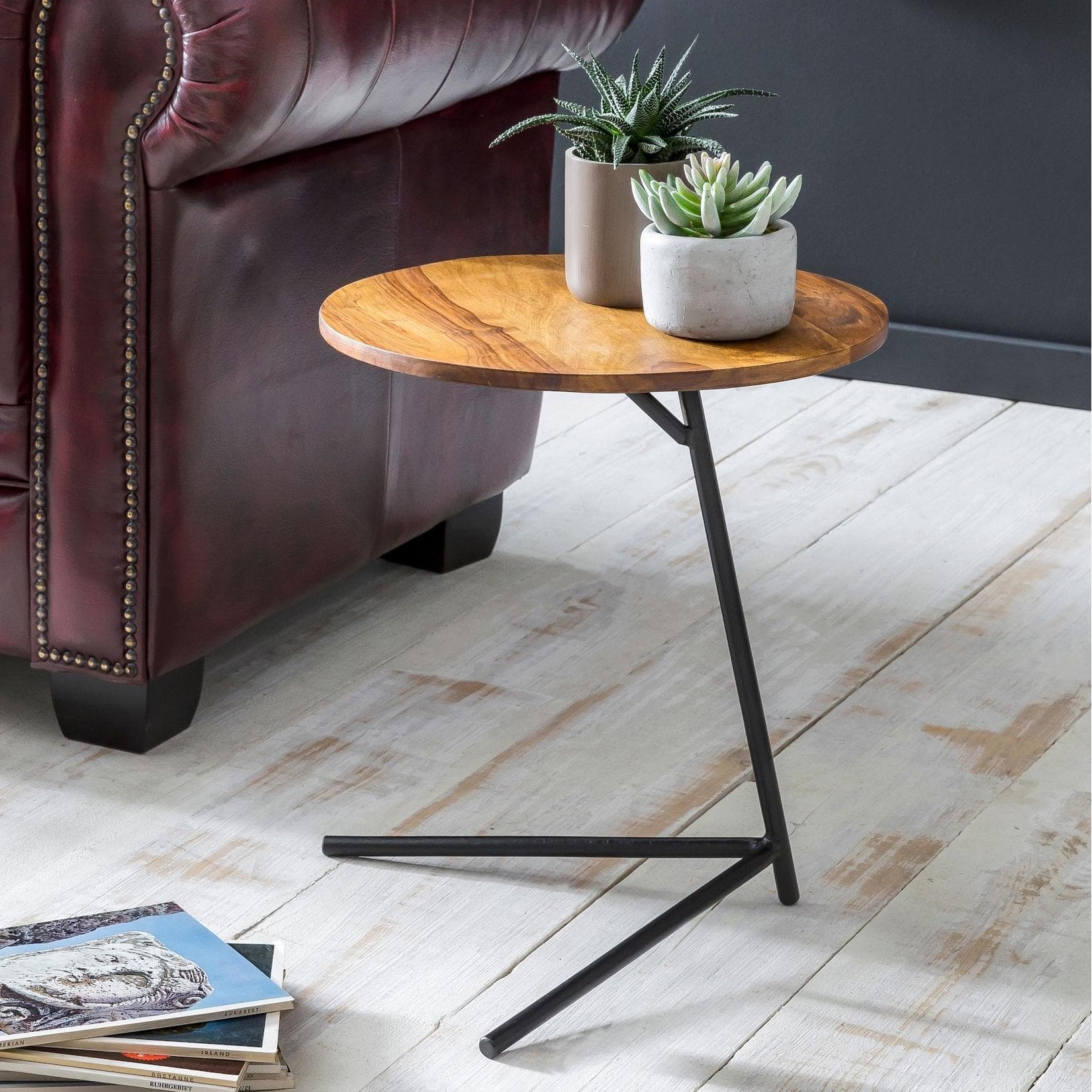 FineBuy Beistelltisch Sheesham Massivholz Metall Industrial Design