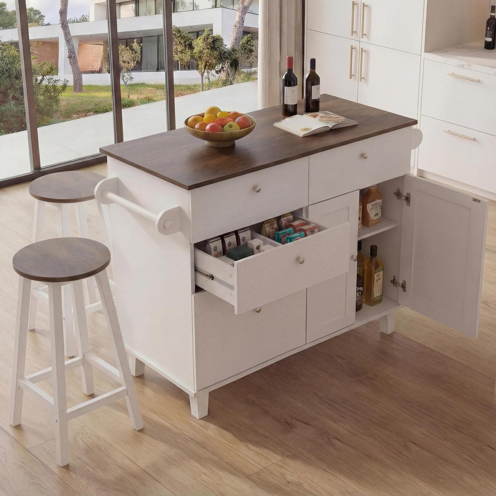 MCW Kücheninsel MCW-P62 Tischplatte mit Struktur Ausreichend Stauraum Hocker mit Fußablage