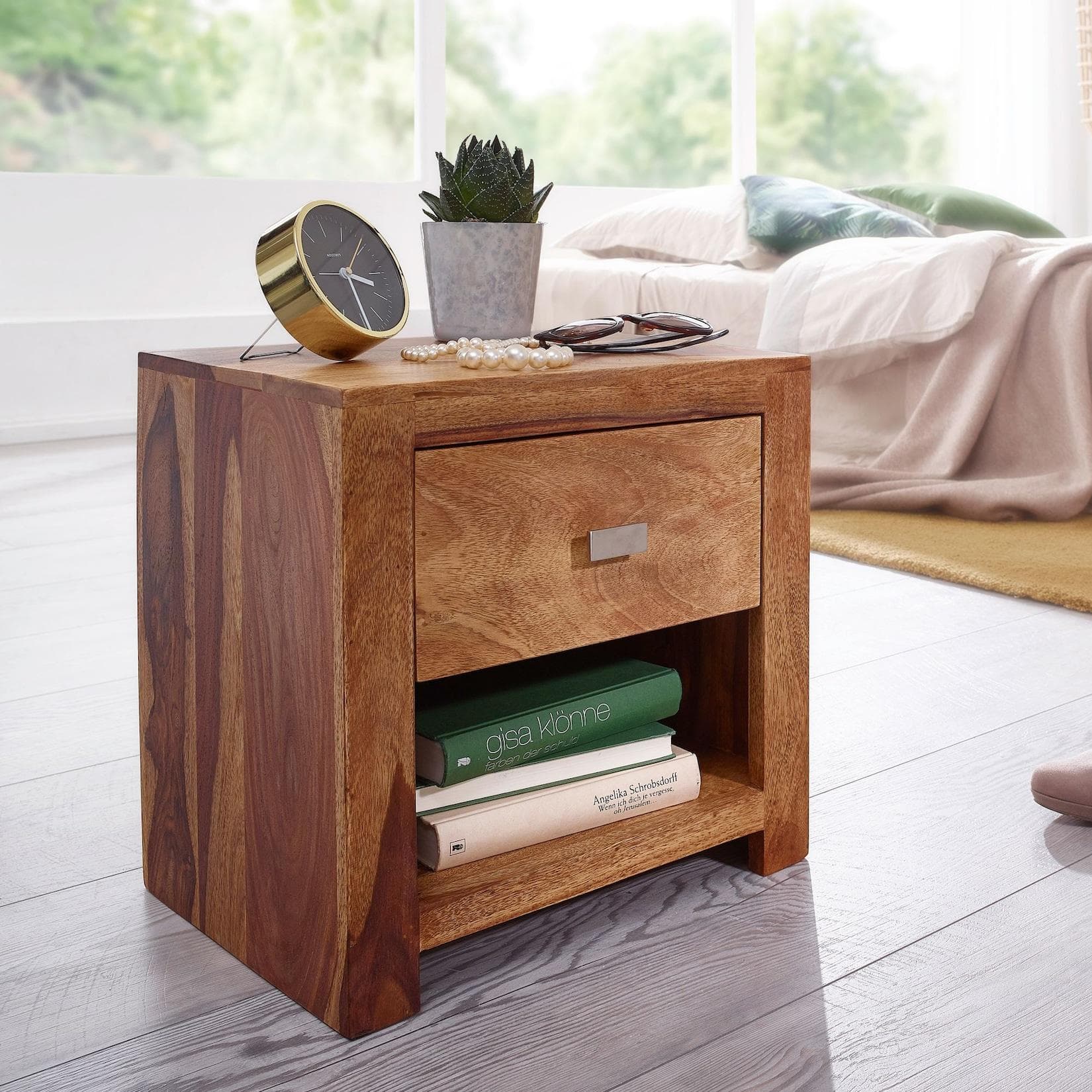 FineBuy Nachttisch Sheesham Massivholz Schublade Landhaus Nachtkästchen