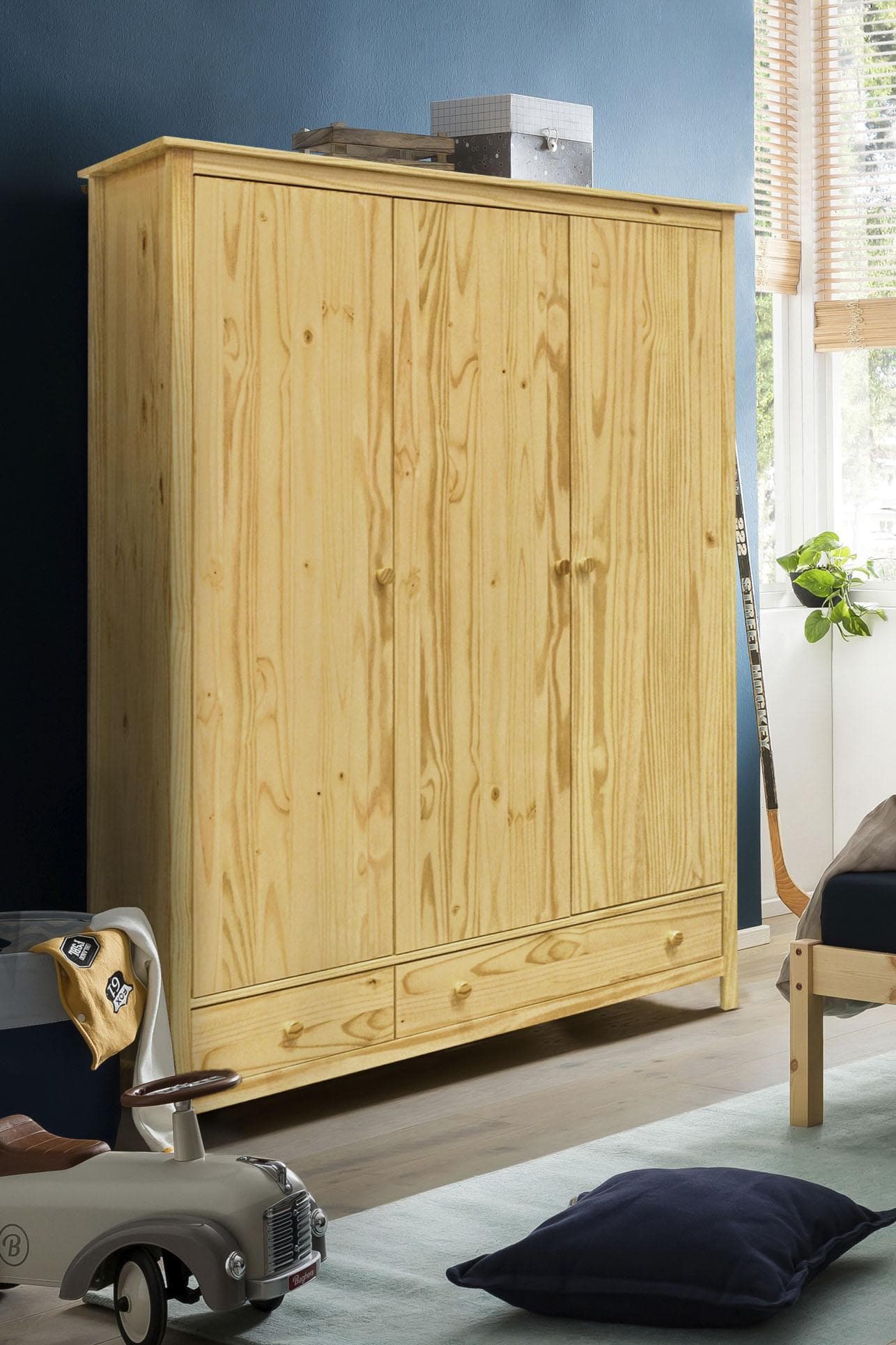 MÖBILIA Kleiderschrank Natur Massivholz 3 Türen 2 Schubladen