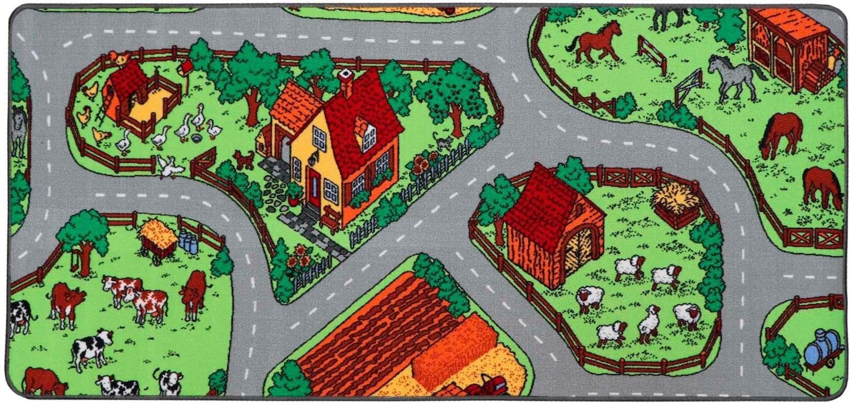 Kinderteppich Spielteppich BAUERNHOF Grau Grün Polyamid