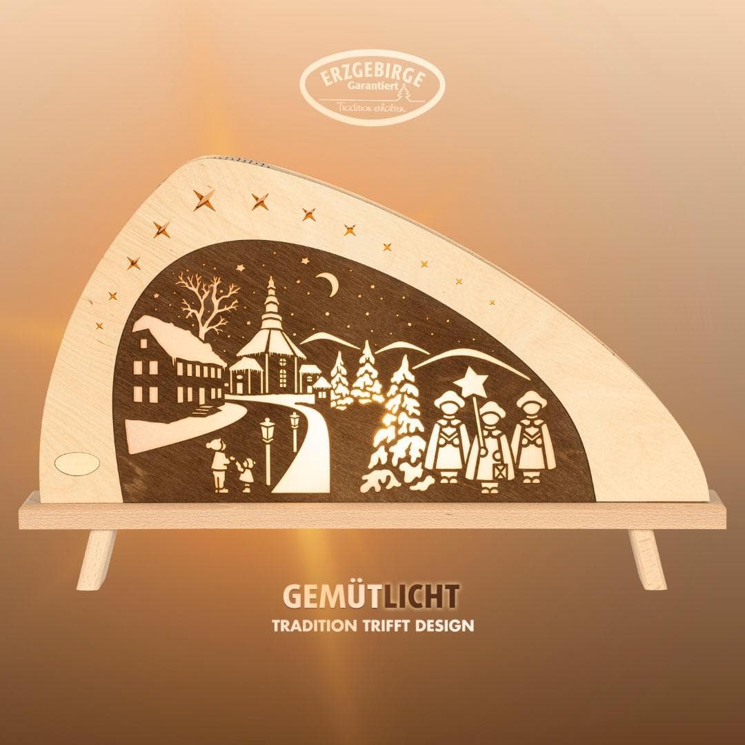 Weigla LED Lichterbogen Weihnachten in Seiffen, asymmetrische Holz Dekolampe, Made in Germany