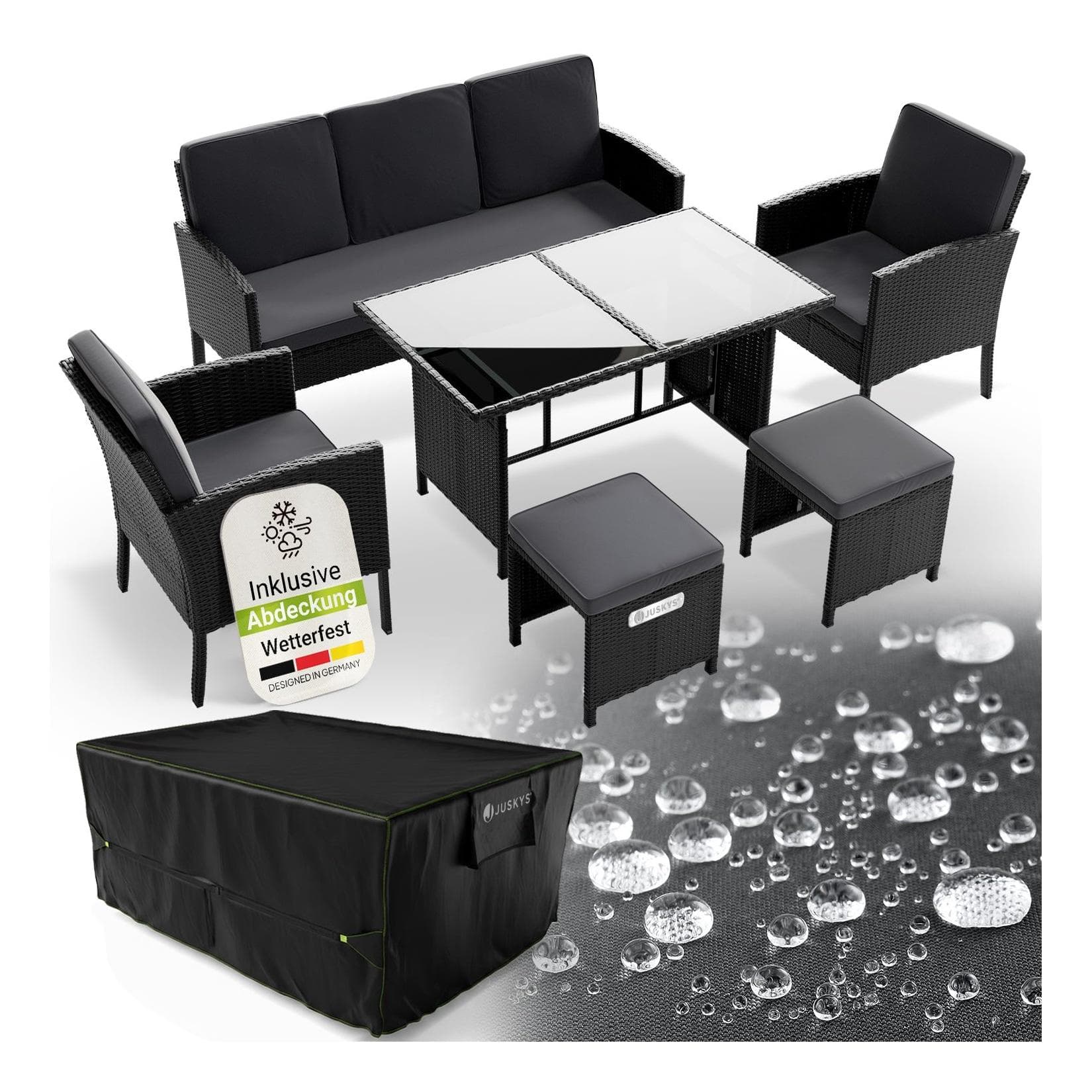 Juskys Polyrattan Gartenmöbel Sitzgruppe Turin Set 6 teilig inkl. Abdeckung Outdoor Möbel mit Tisch Schwarz