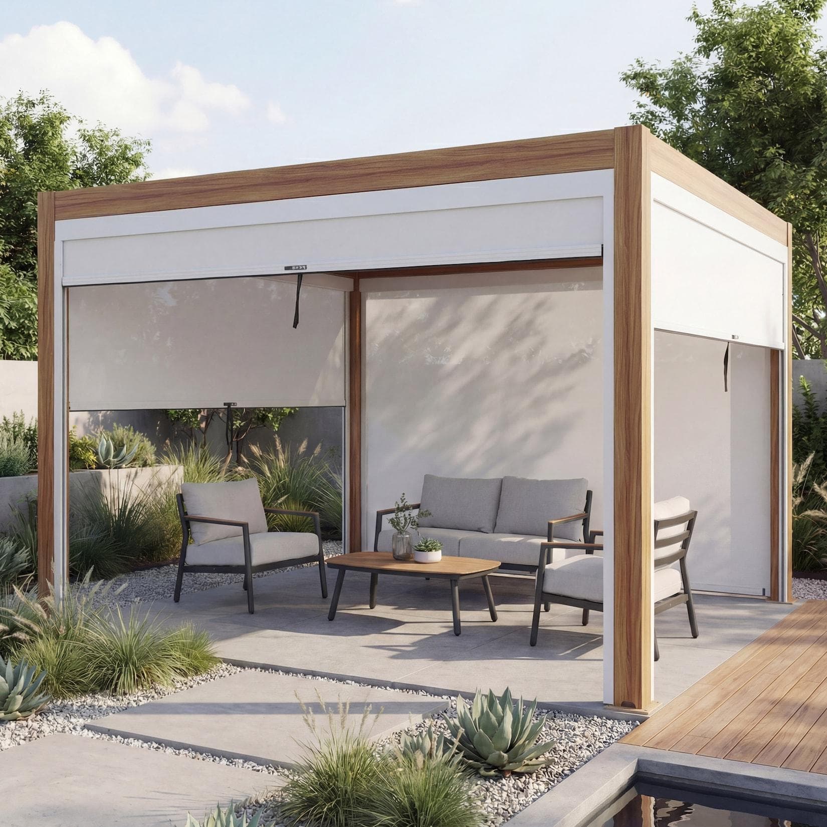 Pergola MCW-L46 mit Seitenwand, Lamellen-Pavillon Rollo, 10cm-Alu-Gestell, sturmfest 3x3m