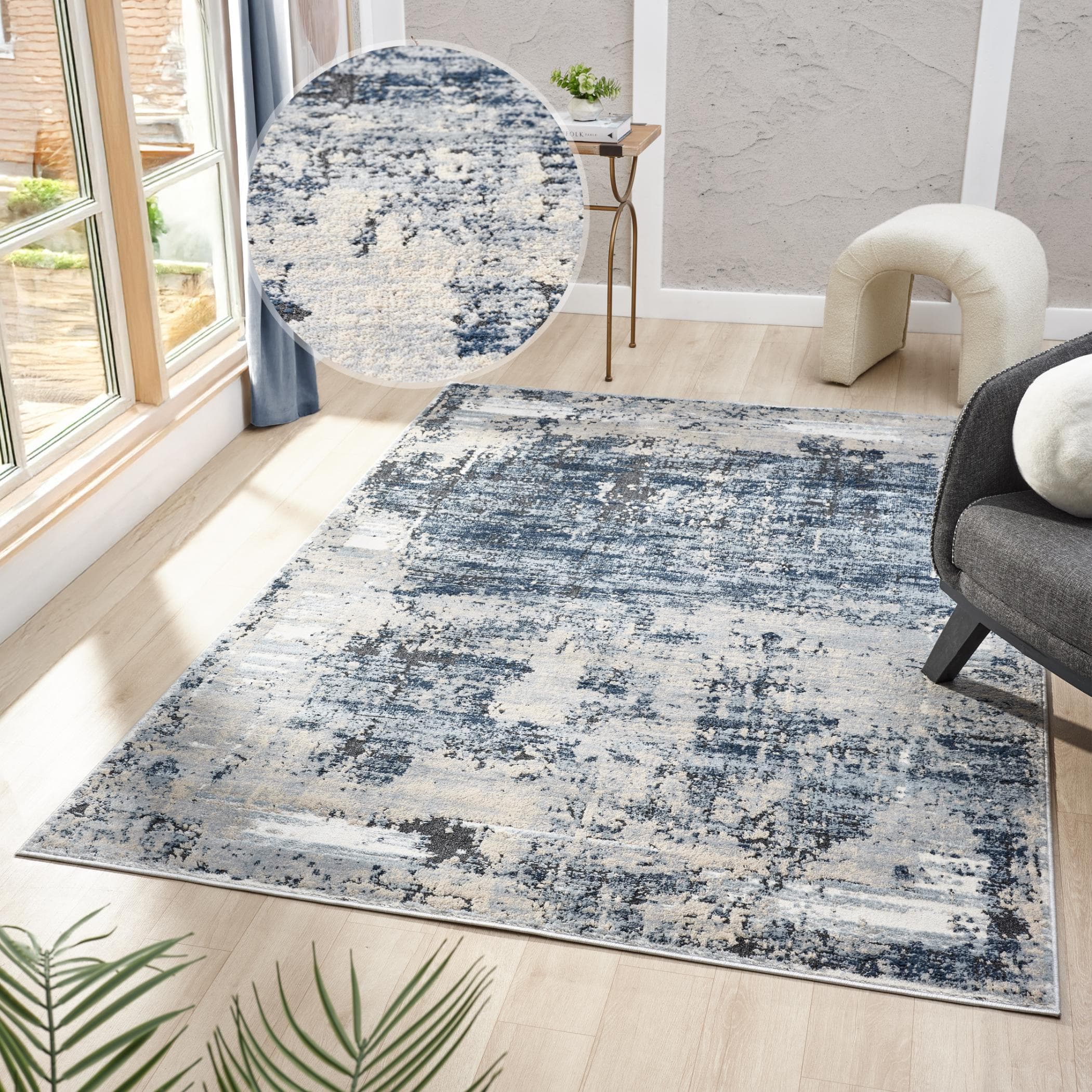 Vintage-Teppich in Blau mit Schrumpf-Garn-Effekt