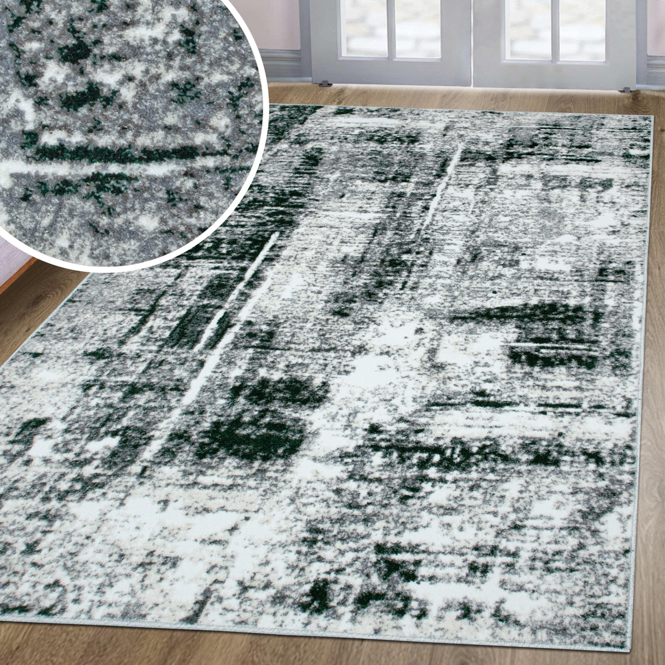 Vintage-Teppich in Dunkelgrün, Beige und Grau