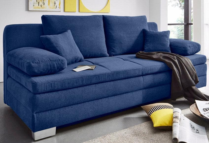 Jockenhöfer Schlafsofa Lindau Dunkelblau mit Bettkasten und Topper