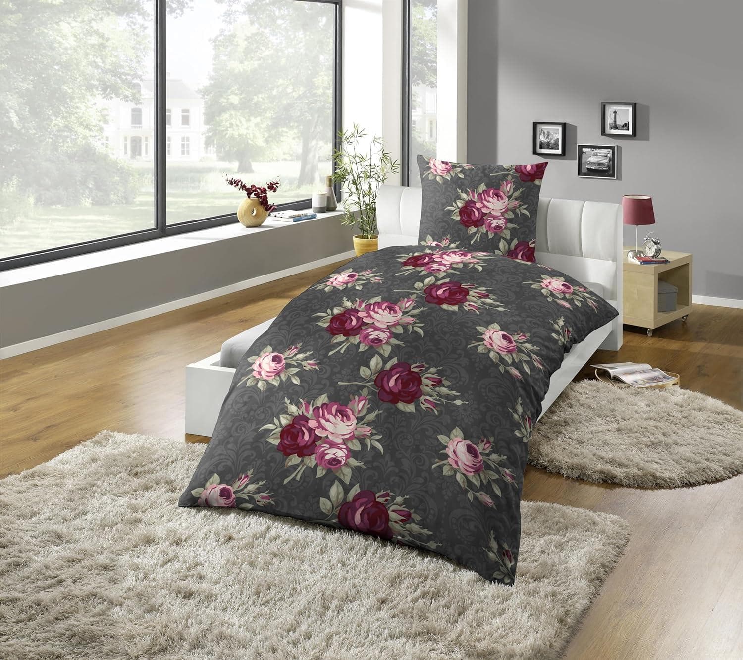 KINZLER Bettwäsche Polycotton Flanell Rosen mit Ornament 2-tlg.