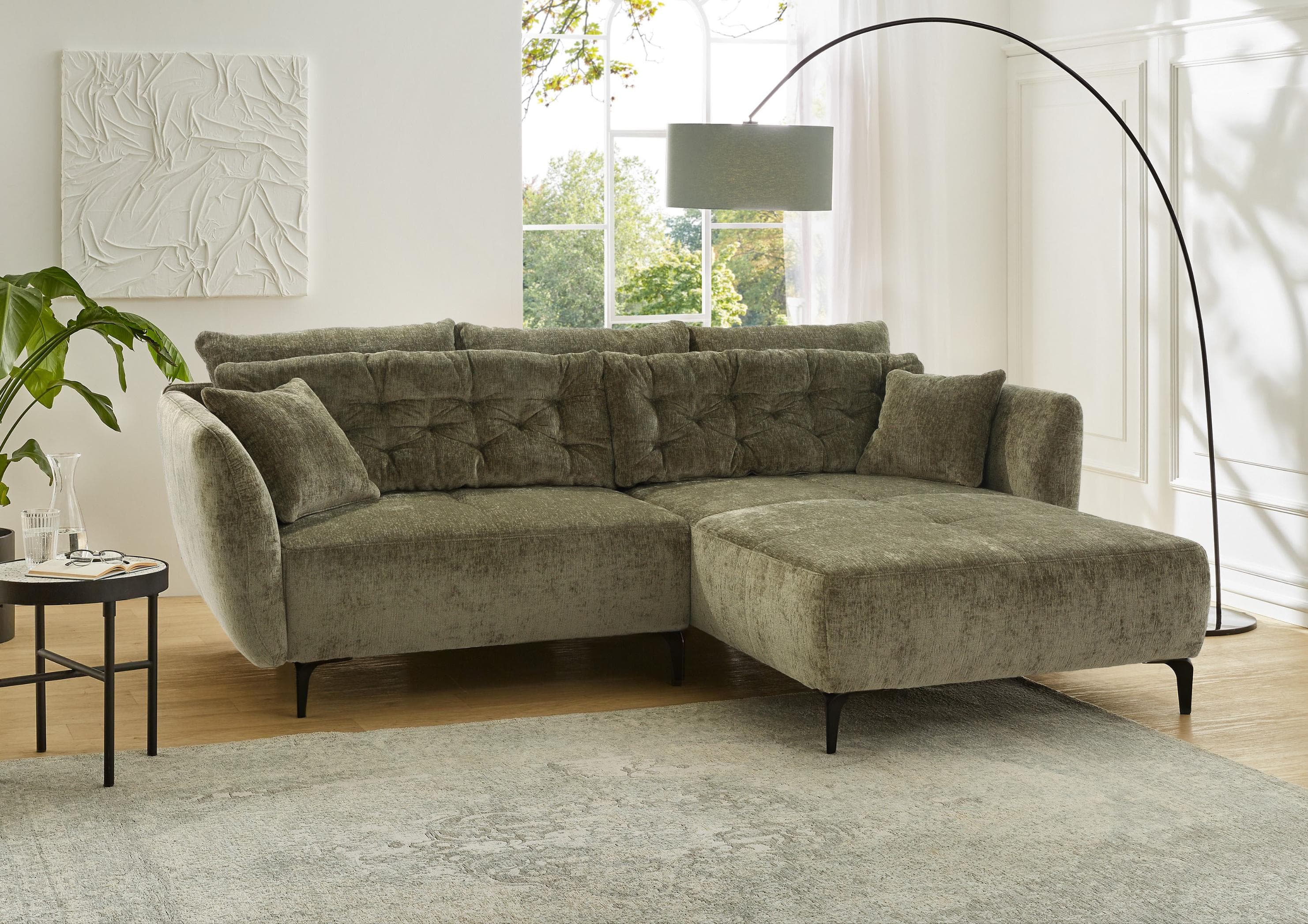 Jockenhöfer Ecksofa Salo L-Form Grün Retro mit Recamiere
