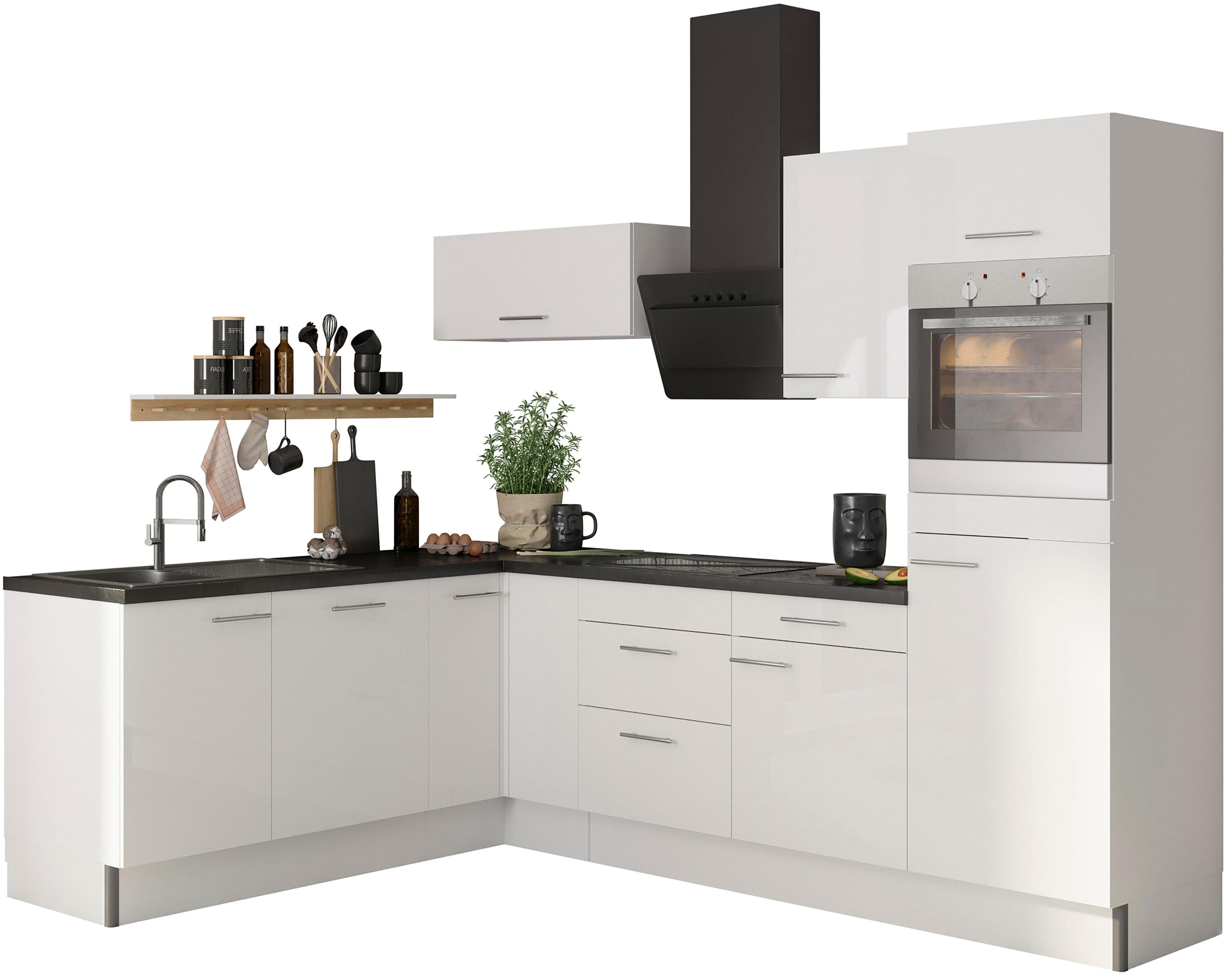 Küche OPTIFIT Klara Weiß Winkelküche Black Stone Arbeitsplatte
