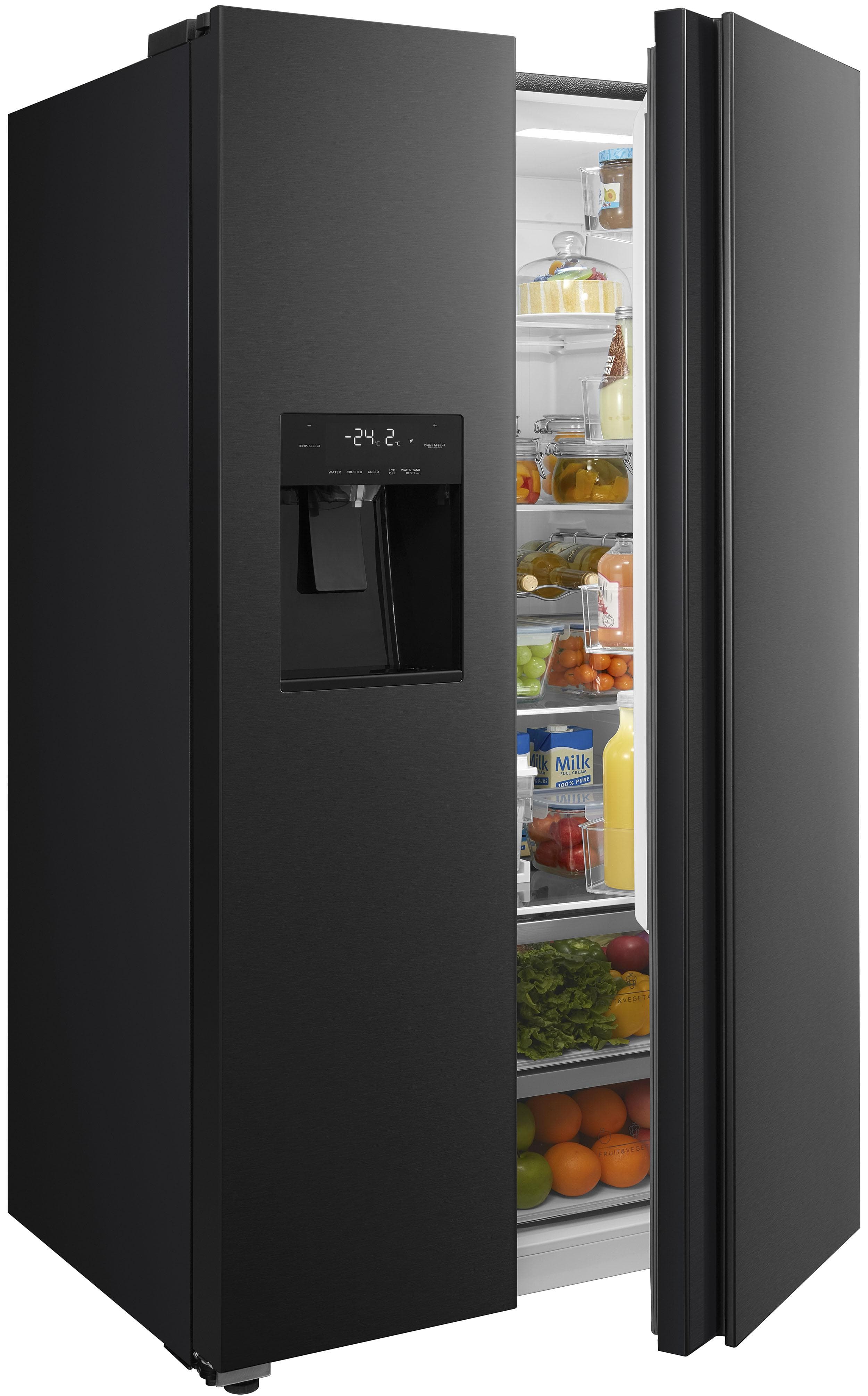 HANSEATIC Side-by-Side Kühlschrank Schwarz mit Eis-, Crushed-Ice- und Wasserspender