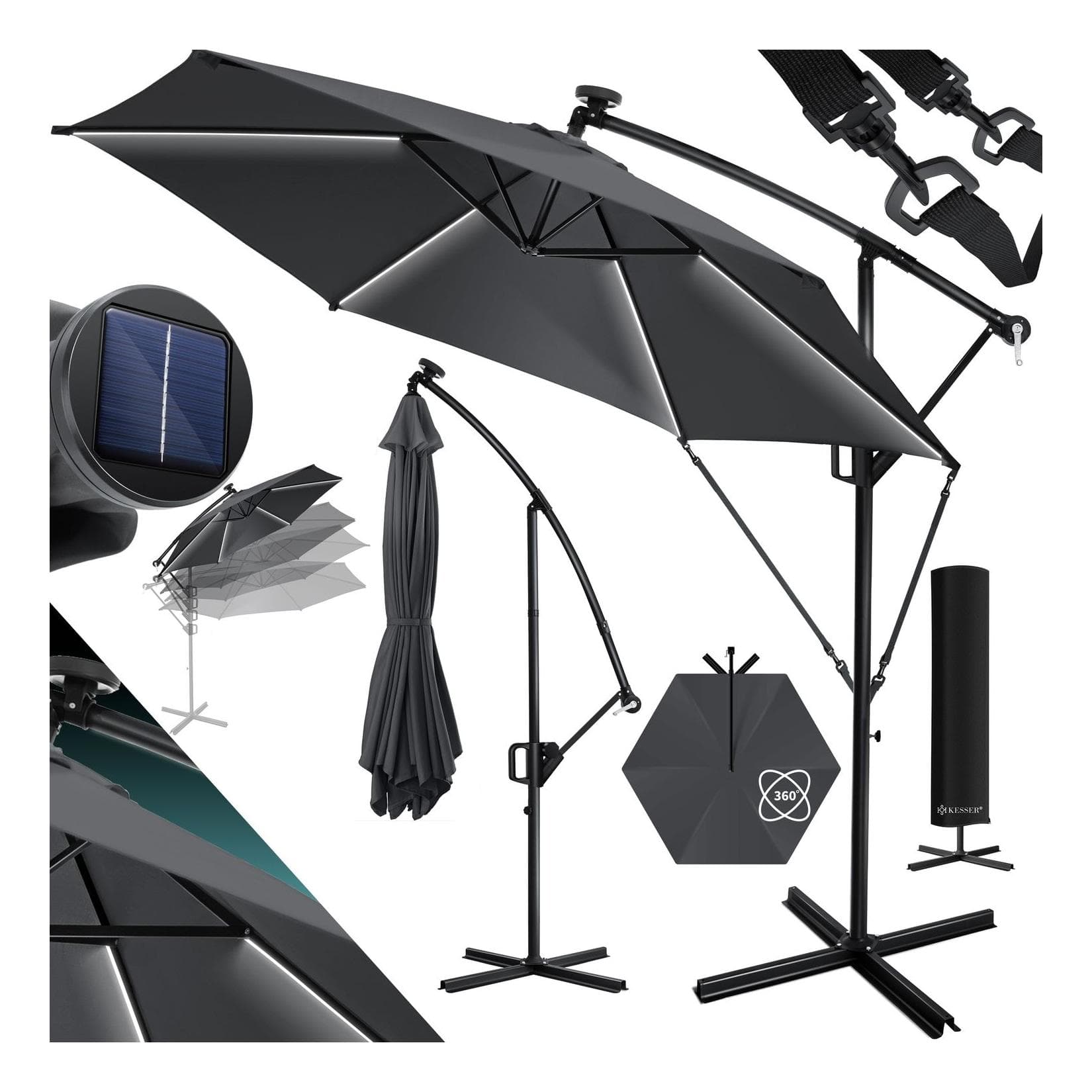 KESSER Ampelschirm LED Solar 350cm Aluminium UV-Schutz