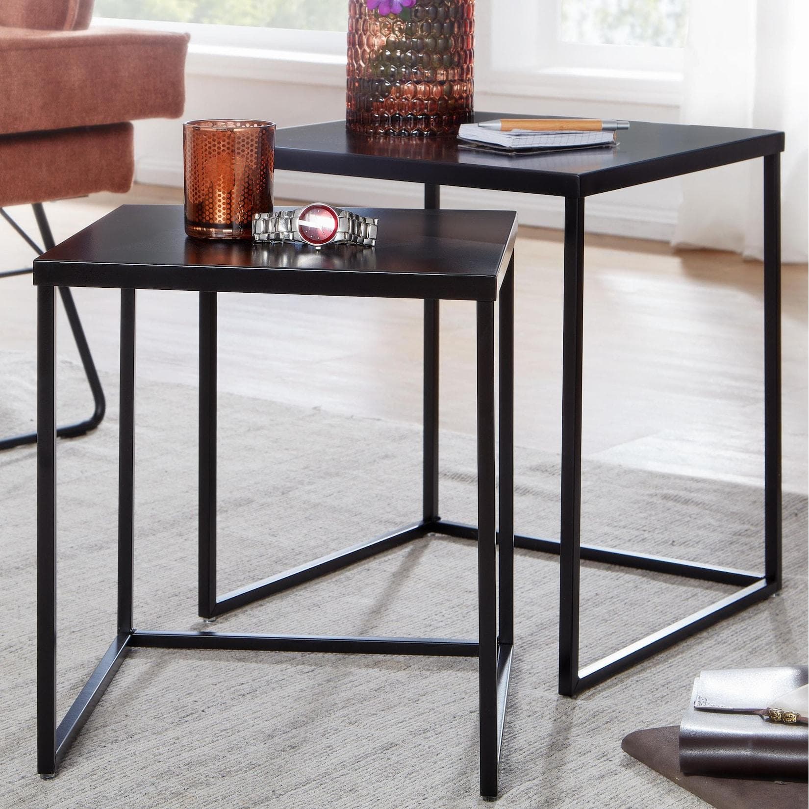 FineBuy Satztisch Metall 2-teilig Schwarz Industrial-Style Beistelltisch Set