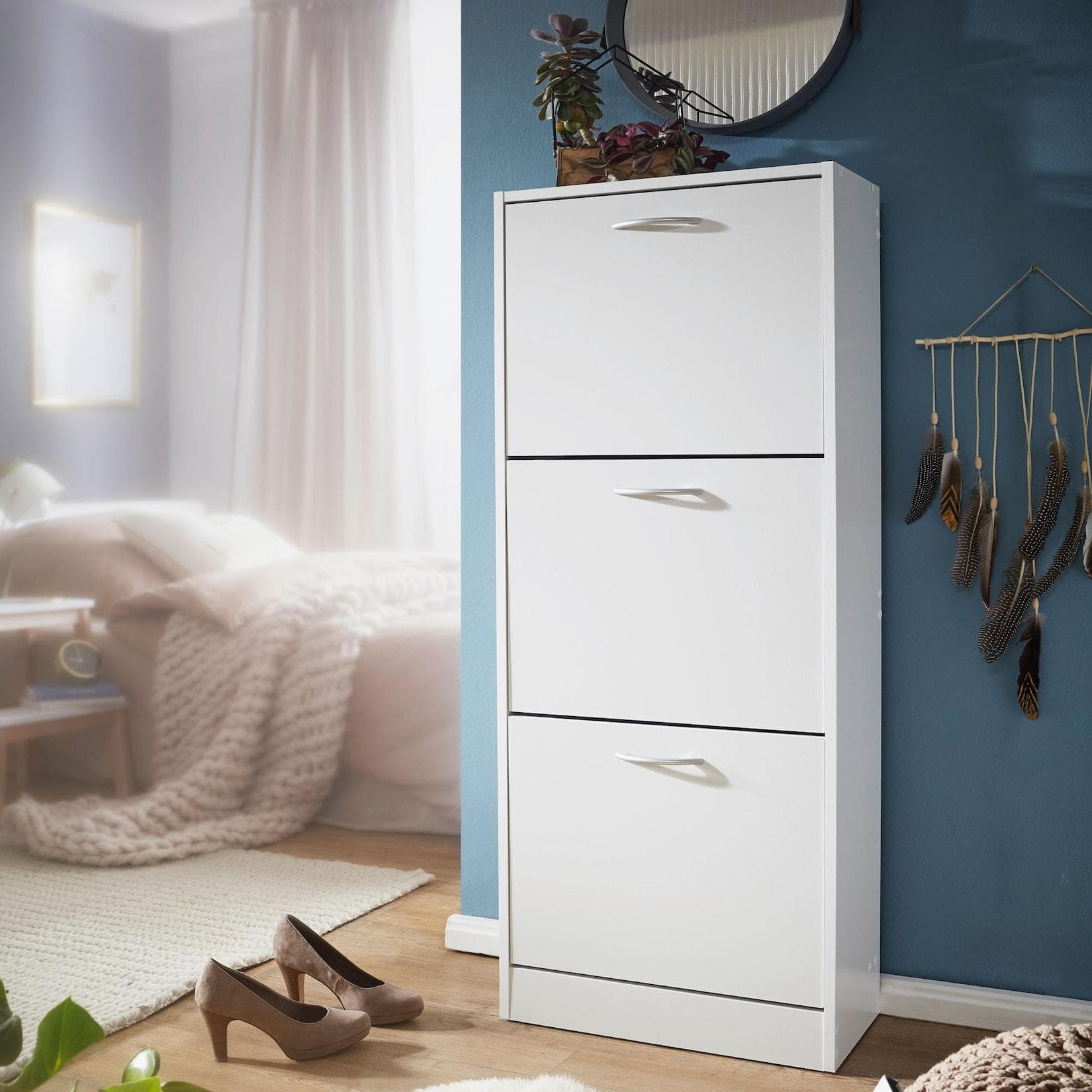 FineBuy Schuhkipper mit 3 Fächern für 18 Paar Schuhe Weiß Holz