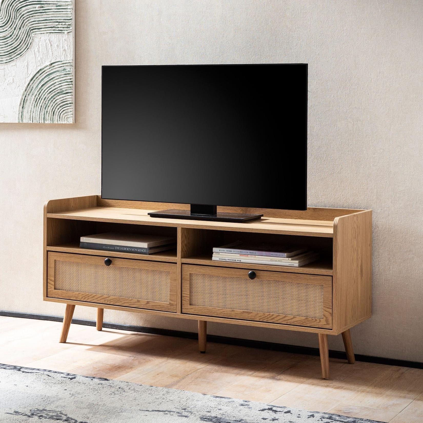 FINEBUY Lowboard 120cm TV-Board mit Wiener Geflecht Eiche Dekor