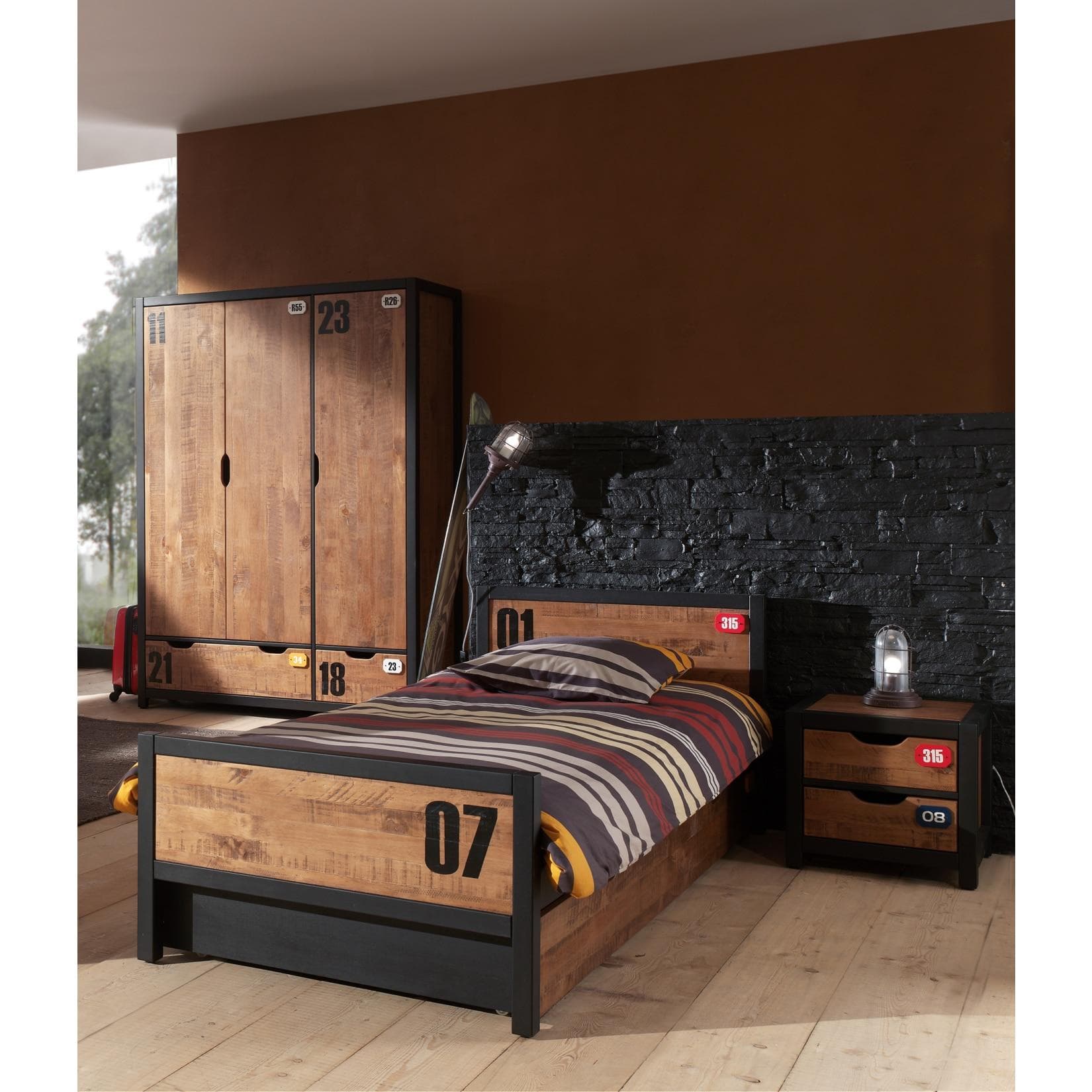 Vipack Set Alex 4-tlg. Einzelbett 90x200 mit Schrank & Nachtkonsole Kiefer